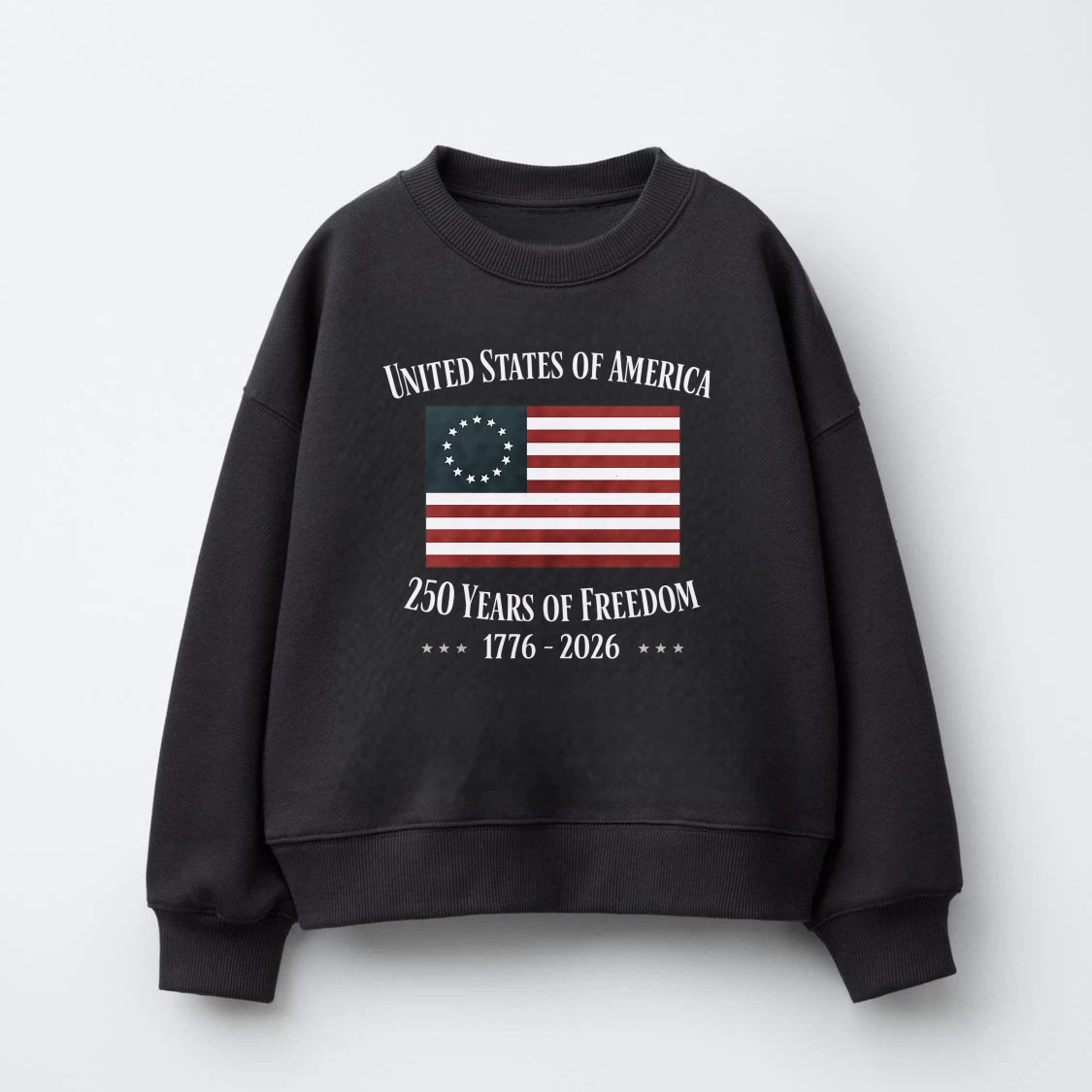 United States Of America 250 Years Of Freedom 1776 2026 Flag Sweatshirt Black Crewneck Pullover Long Sleeve Unisex Adult Apparel