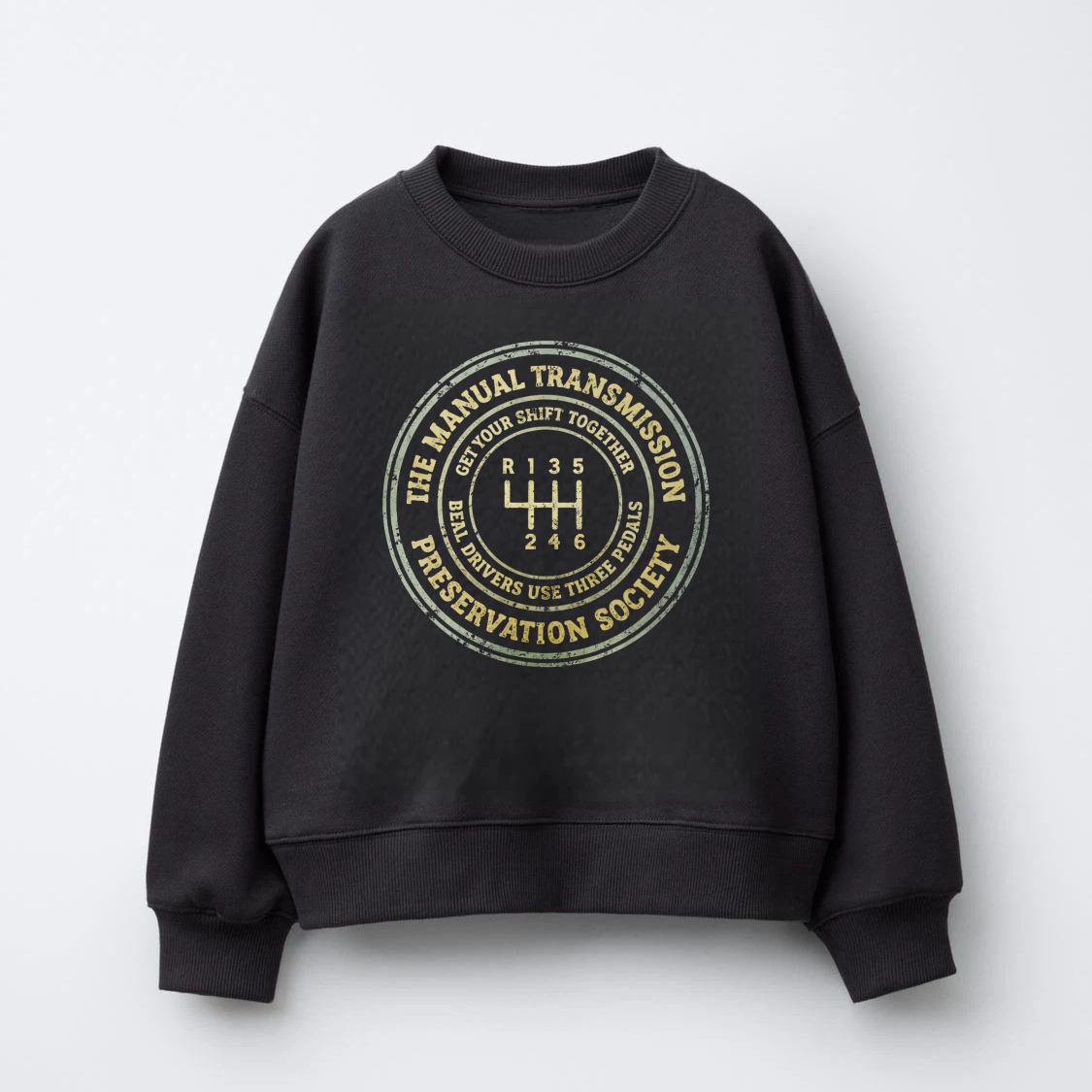 TEECURENT Manual Transmission Preservation Society Sweatshirt Black Crewneck Graphic Pullover For Car Enthusiasts With Gear Shift Design