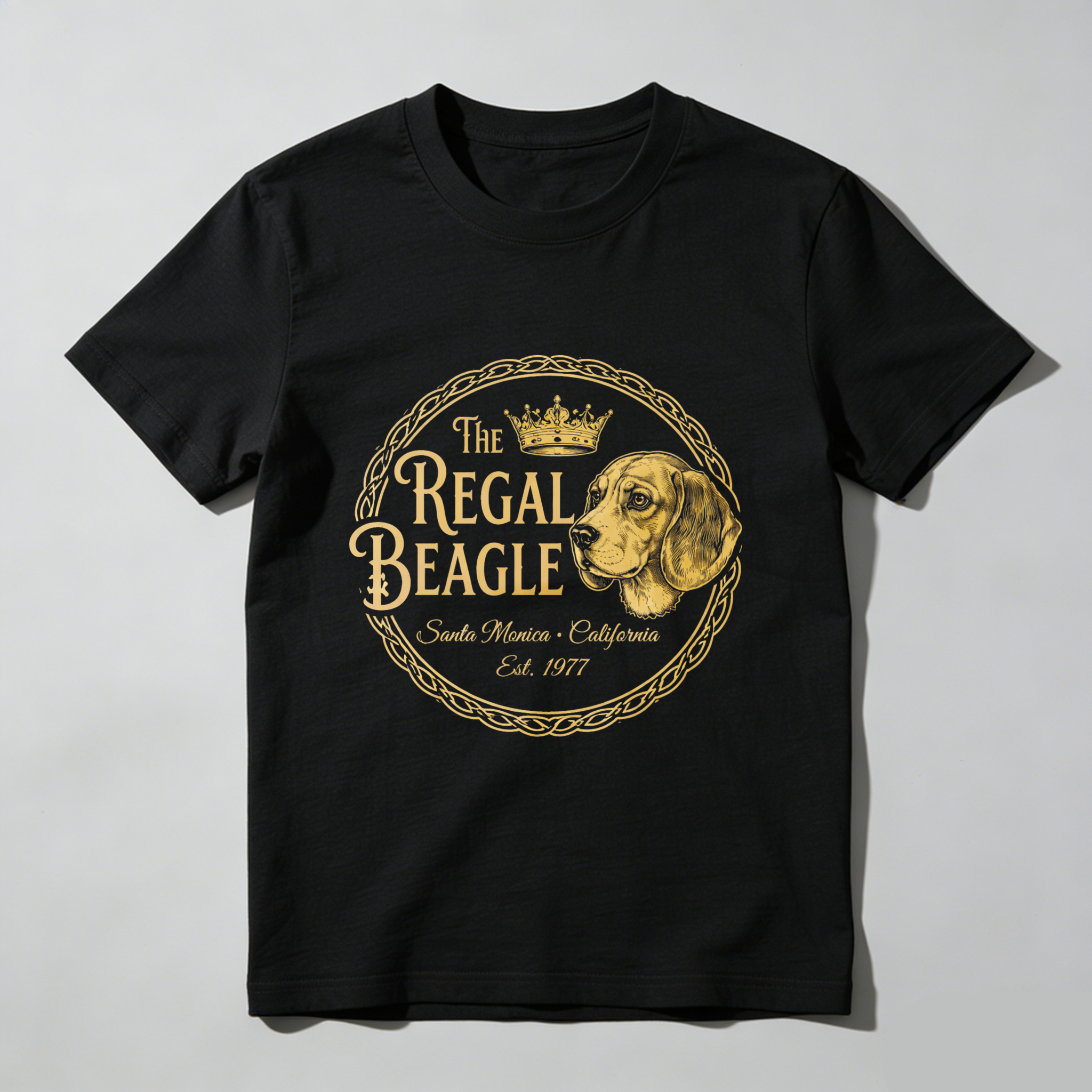 TEECURENT The Regal Beagle Dog Breed T Shirt Santa Monica California Established 1977 Gold Logo Black Cotton Men Women Unisex Apparel