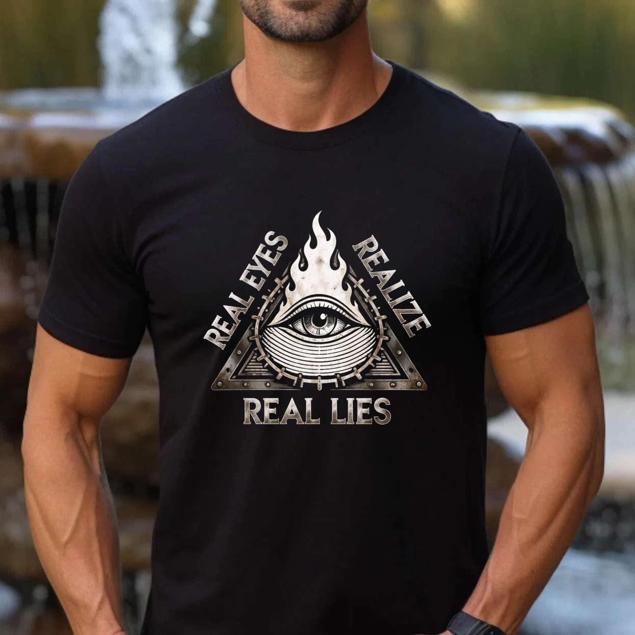 TEECURENT  Real Eyes Realize Real Lies Eye In Triangle With Flame TEECURENT