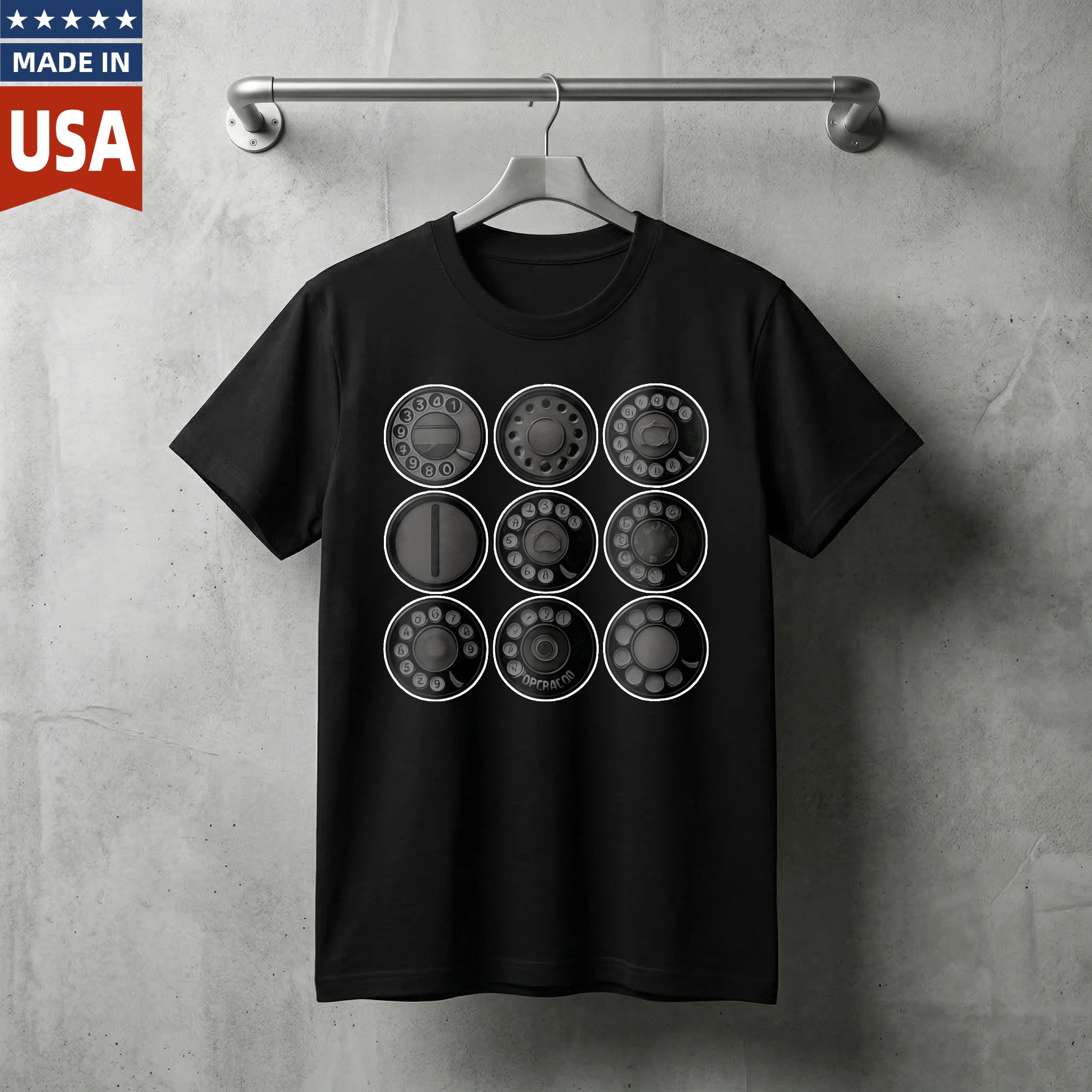Made In Usa Black T Shirt With Nine White Circles Graphic Design Minimalist Style Unisex Casual Wear
