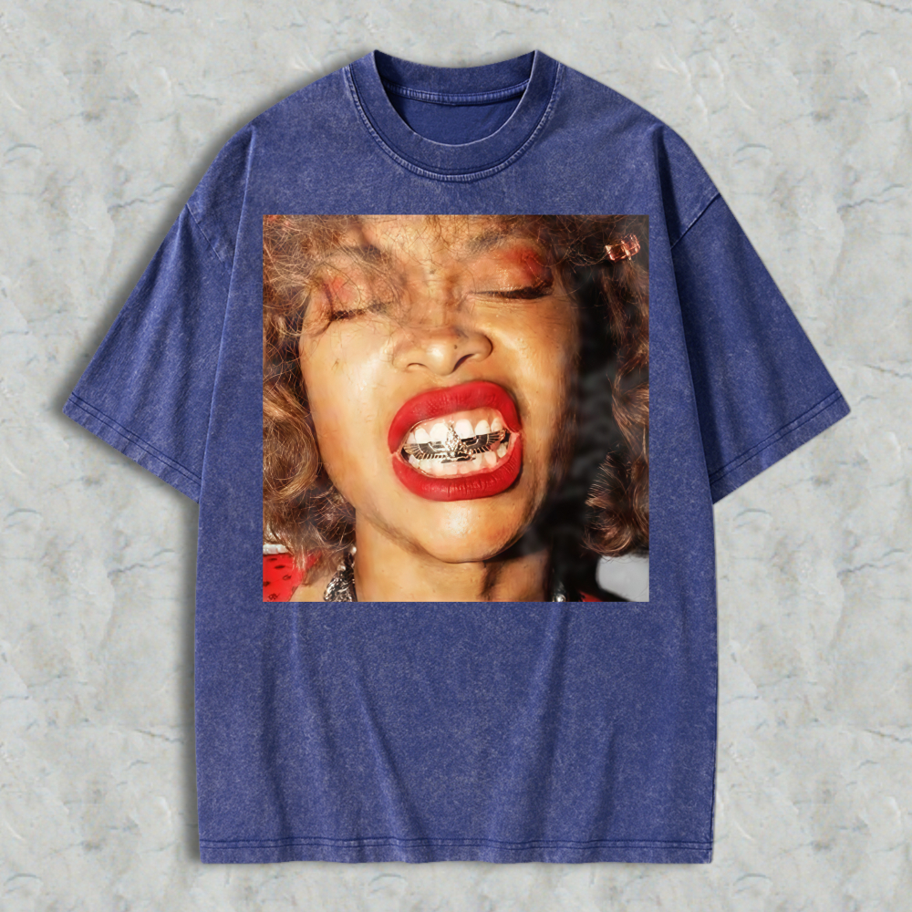 Woman With Red Lipstick And Braces Unisex Washed T-shirt
