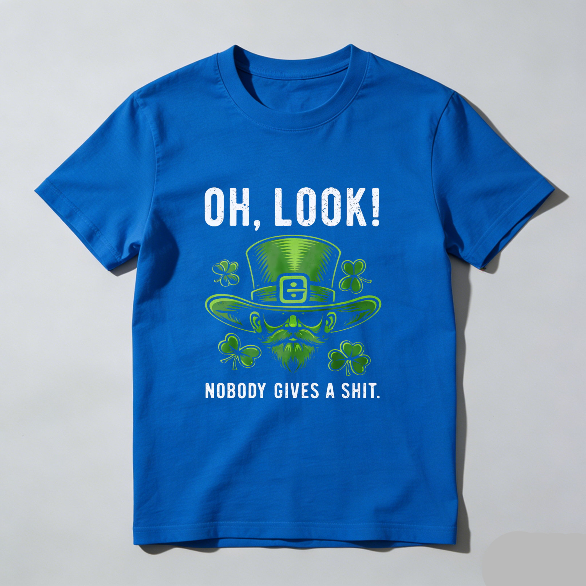 TEECURENT Oh Look Nobody Gives A Shit St Patrick's Day T-Shirt With Leprechaun Hat And Shamrocks Design For Men Women Funny Irish Holiday Shirt