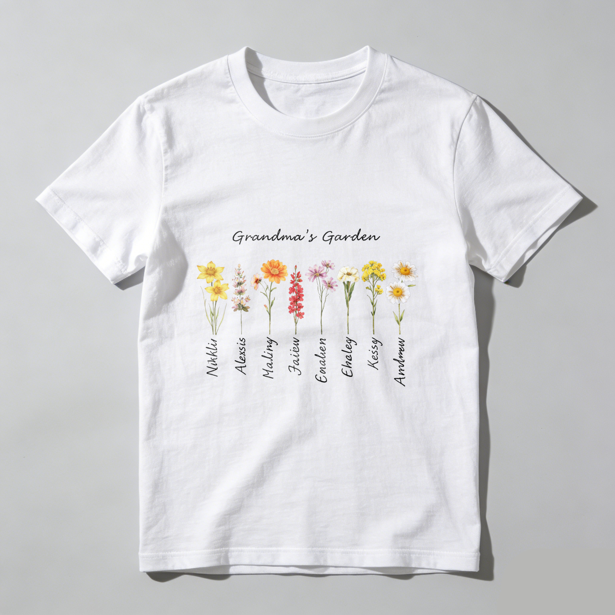 TEECURENT Grandmas Garden Personalized Flower Names T-Shirt Custom Family Names With Flowers Design For Women Men And Kids WOMEN