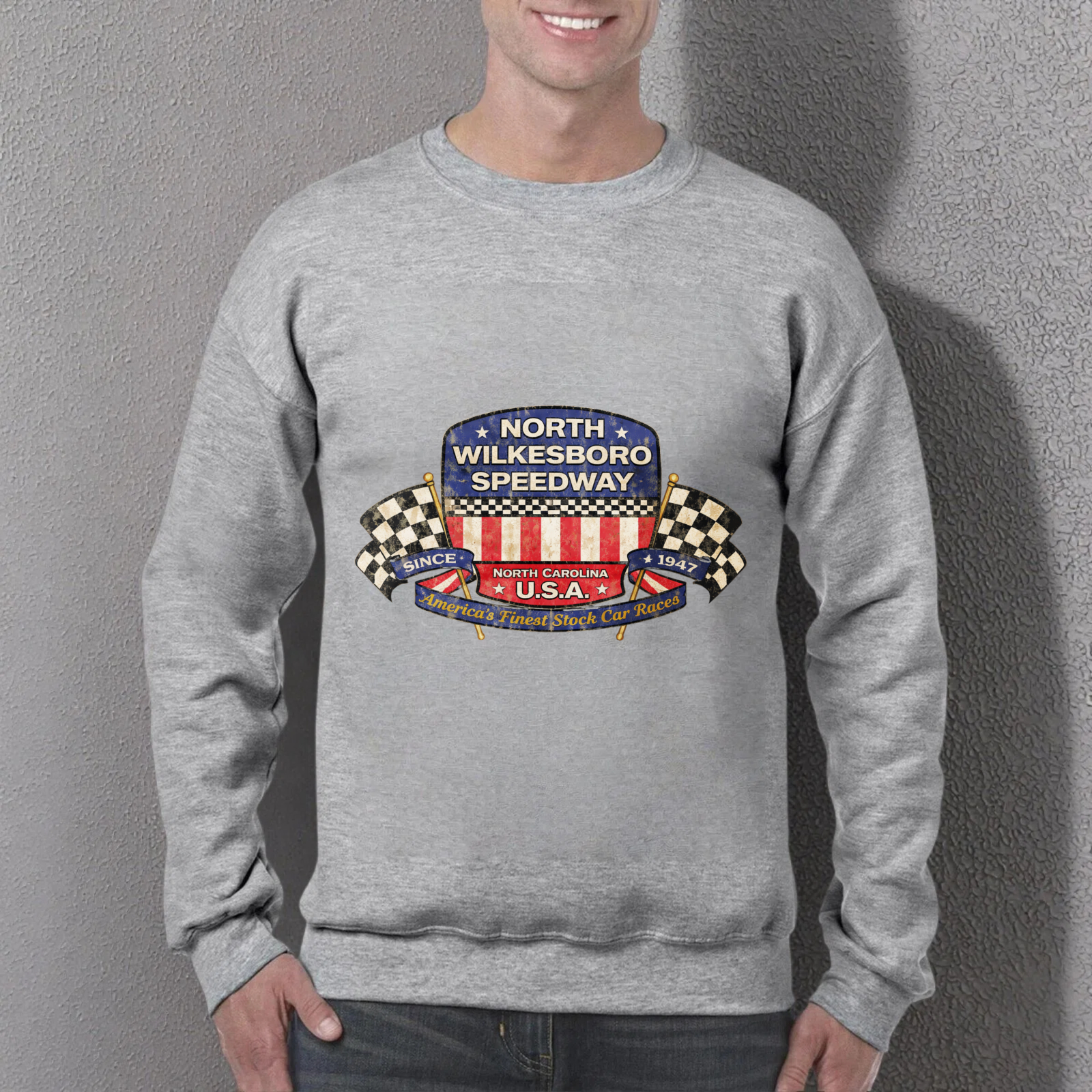 TEECURENT North Wilkesboro Speedway Usa Racing Sweatshirt Black Crewneck Long Sleeve Pullover Shirt