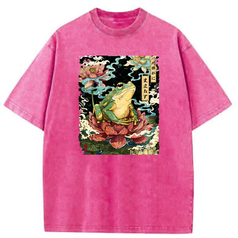 Frog On Lotus Flower With Japanese Text tshirt 100% cotton