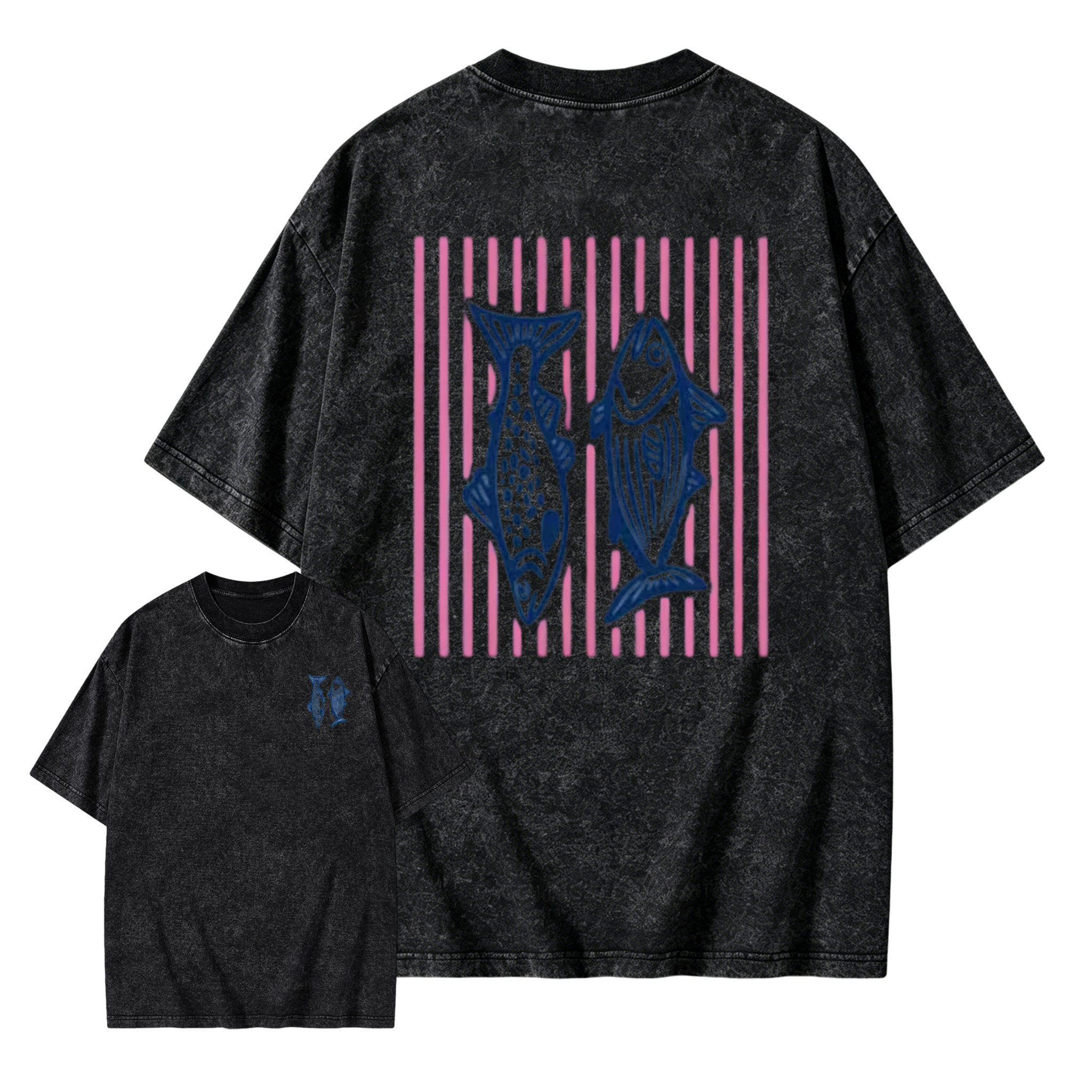 Holafish Heavyweight Cotton Crewneck Streetwear T‑Shirt, Retro Acid Wash Pink Striped Dual‑Side Fish Graphic Printed Unisex Fashion Tees summervibes Casual Top