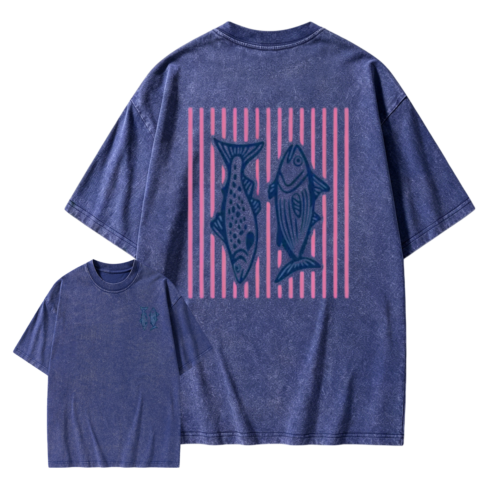 Holafish Heavyweight Cotton Crewneck Streetwear T‑Shirt, Retro Acid Wash Pink Striped Dual‑Side Fish Graphic Printed Unisex Fashion Tees summervibes Casual Top