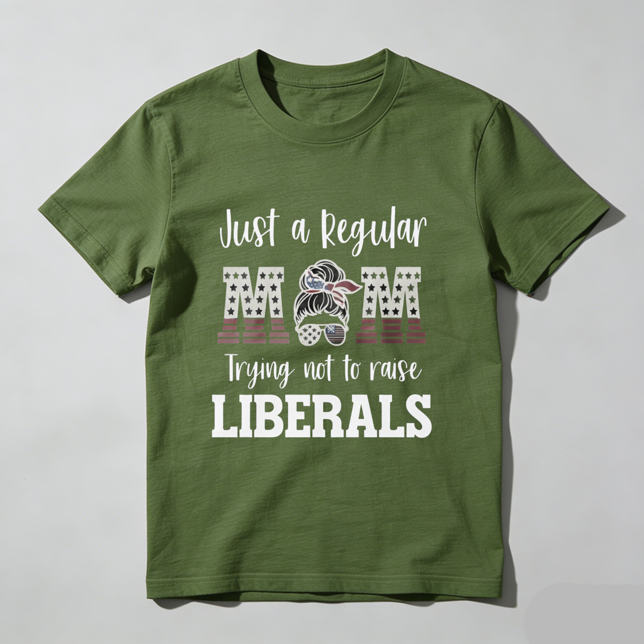 TEECURENT Just A Regular Mom Trying Not To Raise Liberals Patriotic American Flag T-Shirt For Women And Men WOMEN