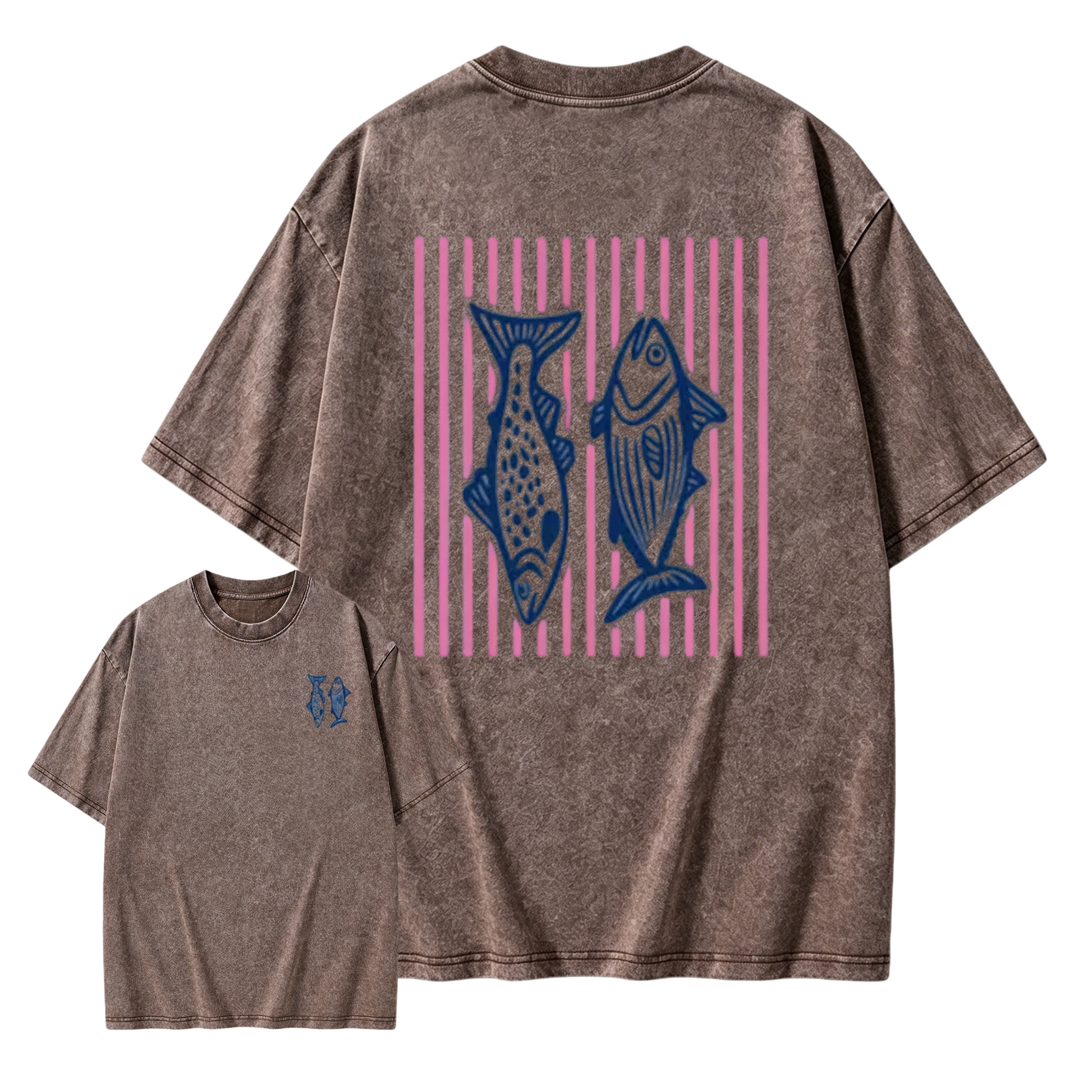Holafish Heavyweight Cotton Crewneck Streetwear T‑Shirt, Retro Acid Wash Pink Striped Dual‑Side Fish Graphic Printed Unisex Fashion Tees summervibes Casual Top