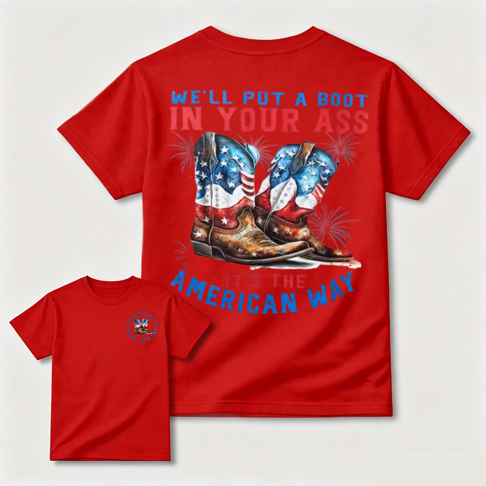 Watercolor American Flag Cowboy Boots Fireworks Patriotic Graphic T-Shirt