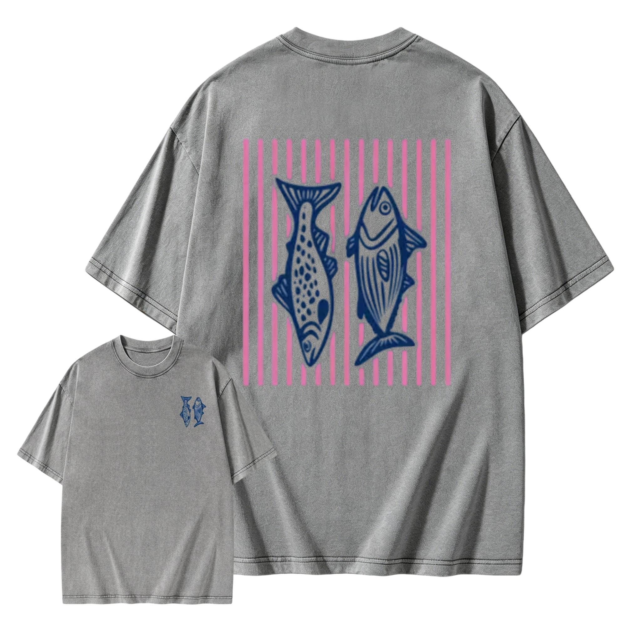 Holafish Heavyweight Cotton Crewneck Streetwear T‑Shirt, Retro Acid Wash Pink Striped Dual‑Side Fish Graphic Printed Unisex Fashion Tees summervibes Casual Top