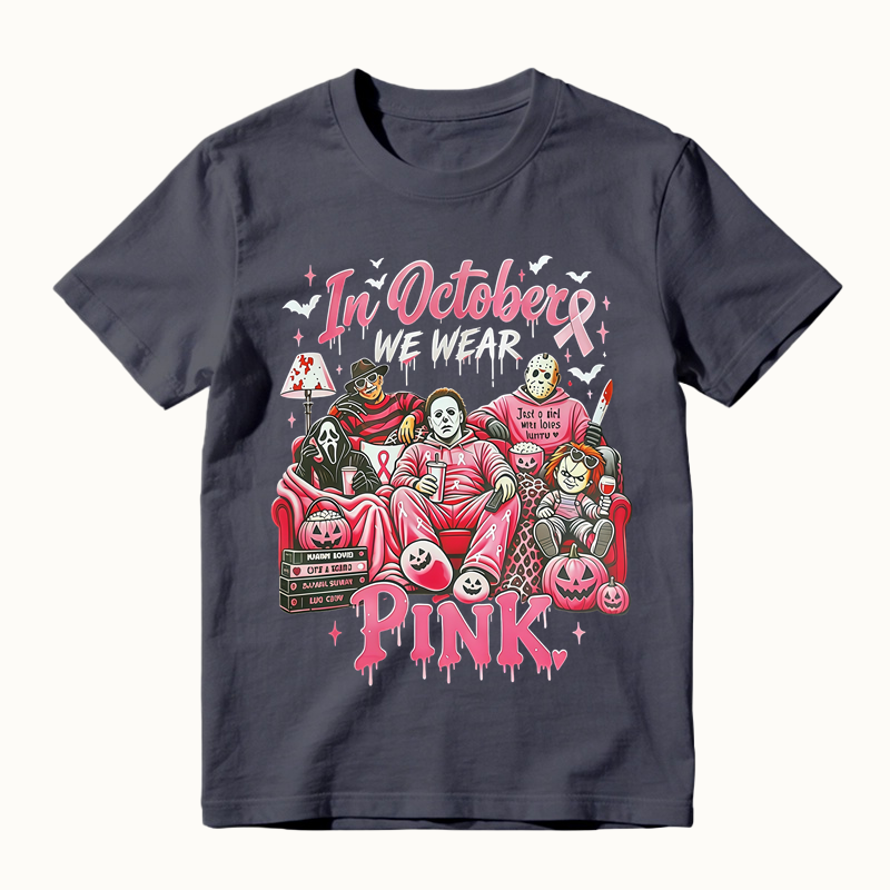 In October We Wear Pink Horror Movie Characters Print Breast Cancer Awareness Graphic T-Shirt