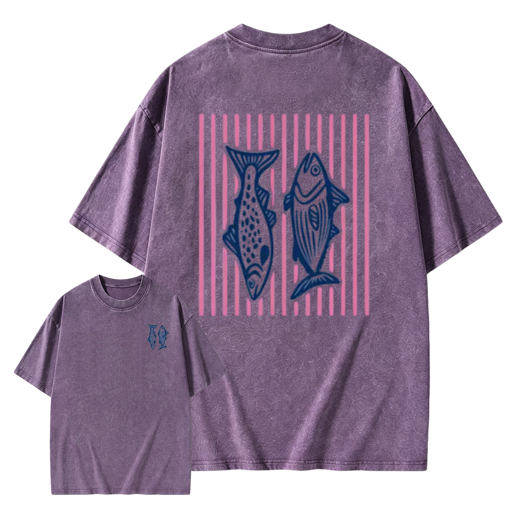 Holafish Heavyweight Cotton Crewneck Streetwear T‑Shirt, Retro Acid Wash Pink Striped Dual‑Side Fish Graphic Printed Unisex Fashion Tees summervibes Casual Top