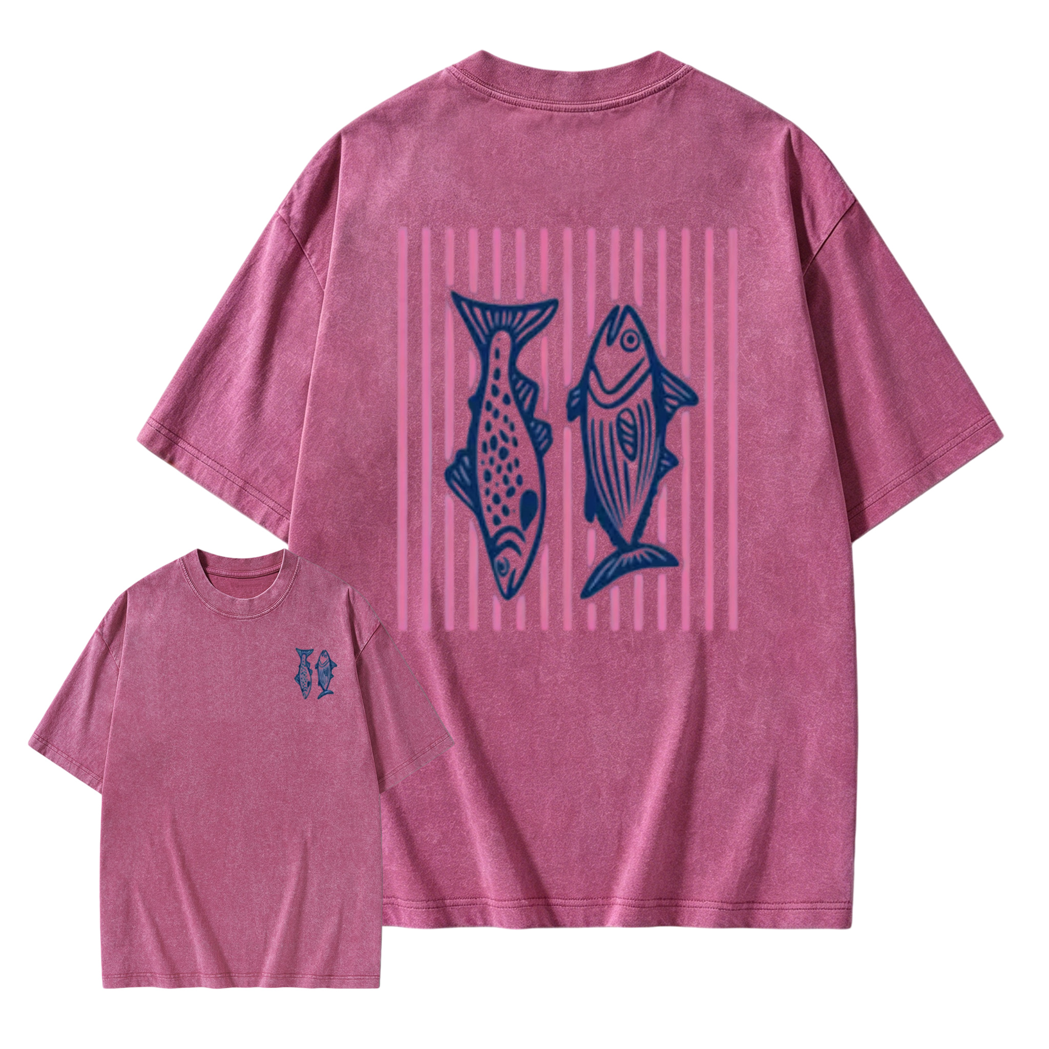 Holafish Heavyweight Cotton Crewneck Streetwear T‑Shirt, Retro Acid Wash Pink Striped Dual‑Side Fish Graphic Printed Unisex Fashion Tees summervibes Casual Top