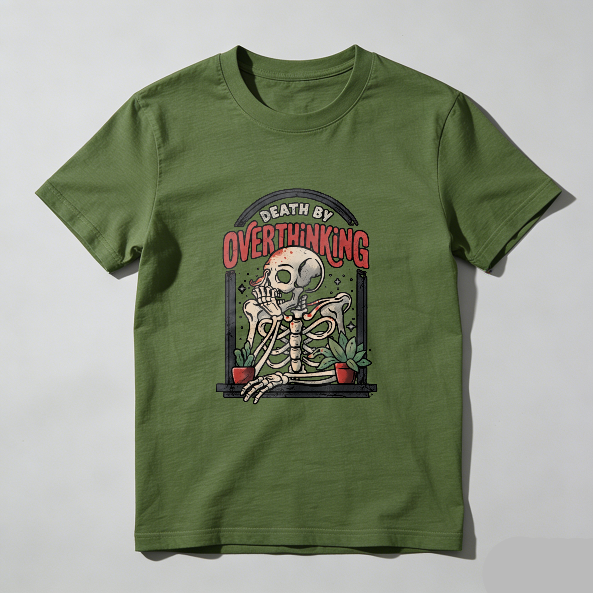 TEECURENT Death By Overthinking Skeleton T Shirt Funny Humor Anxiety Stress Relief Graphic Tee Men Women Unisex Casual Wear WOMEN
