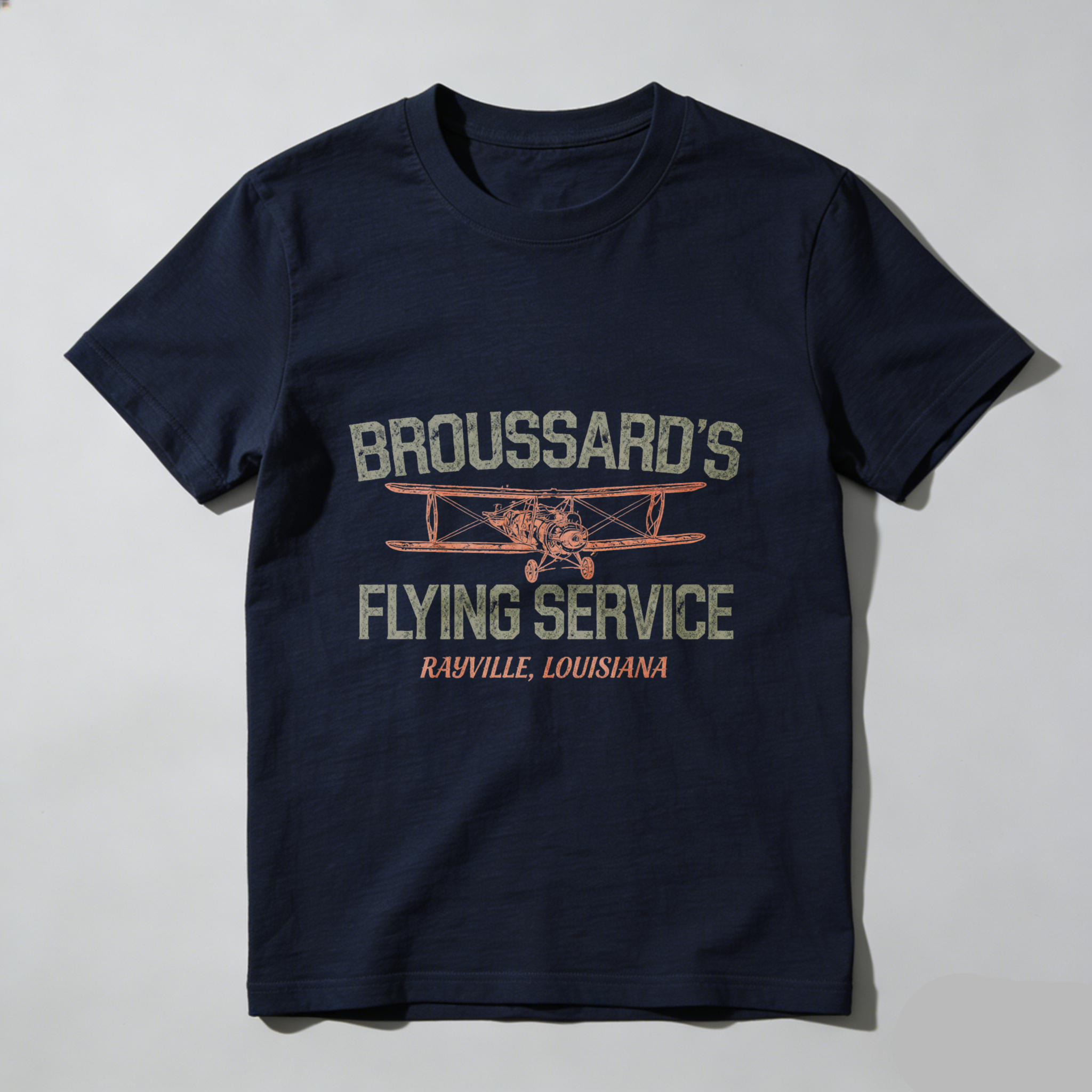 Broussards Flying Service T-Shirt Rastville Louisiana Vintage Airplane Design Men's Black Cotton Shirt