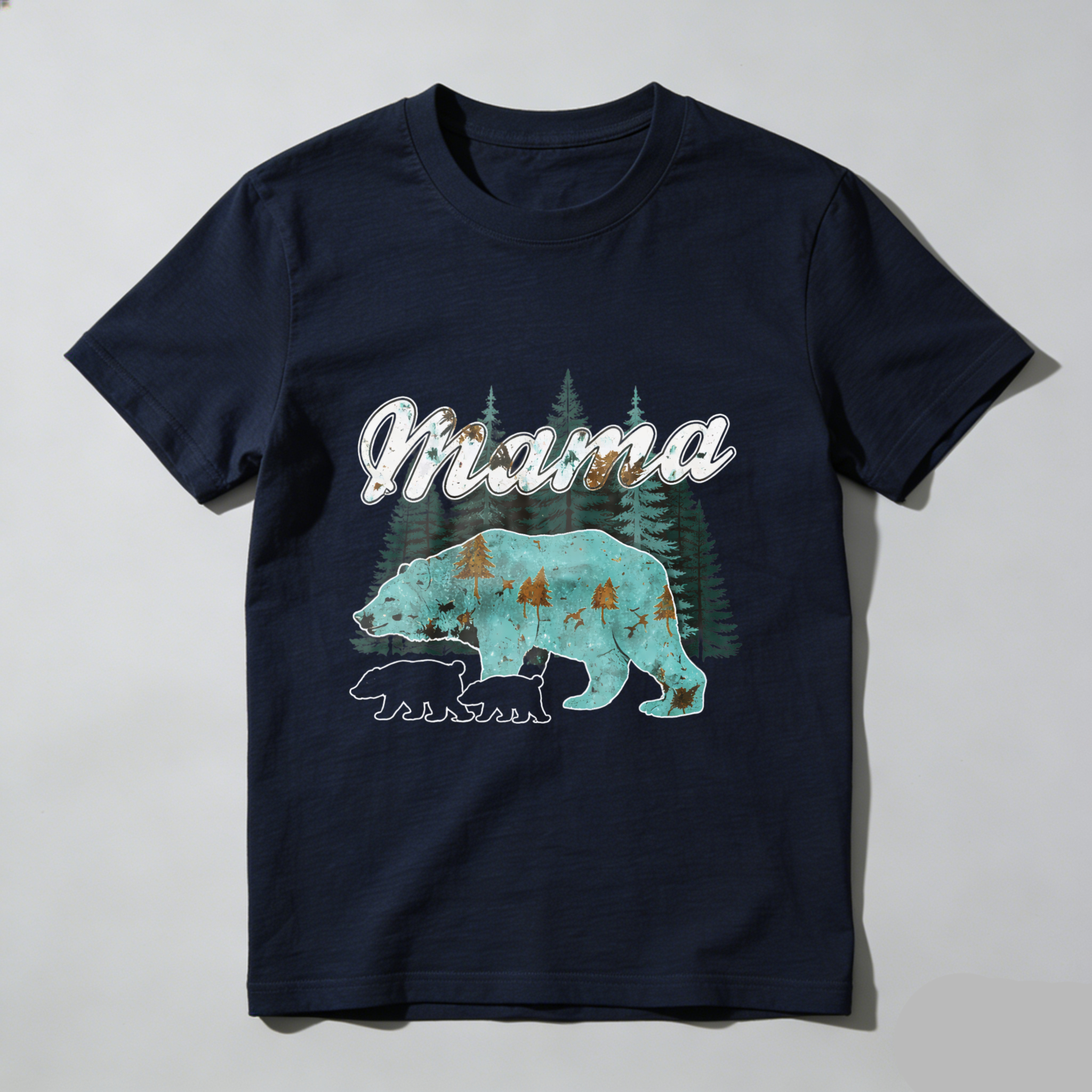 TEECURENT Mama Bear Forest Design Black T Shirt For Women And Men Nature Inspired Graphic Tee With Bear And Trees Pattern Casual Wear WOMEN