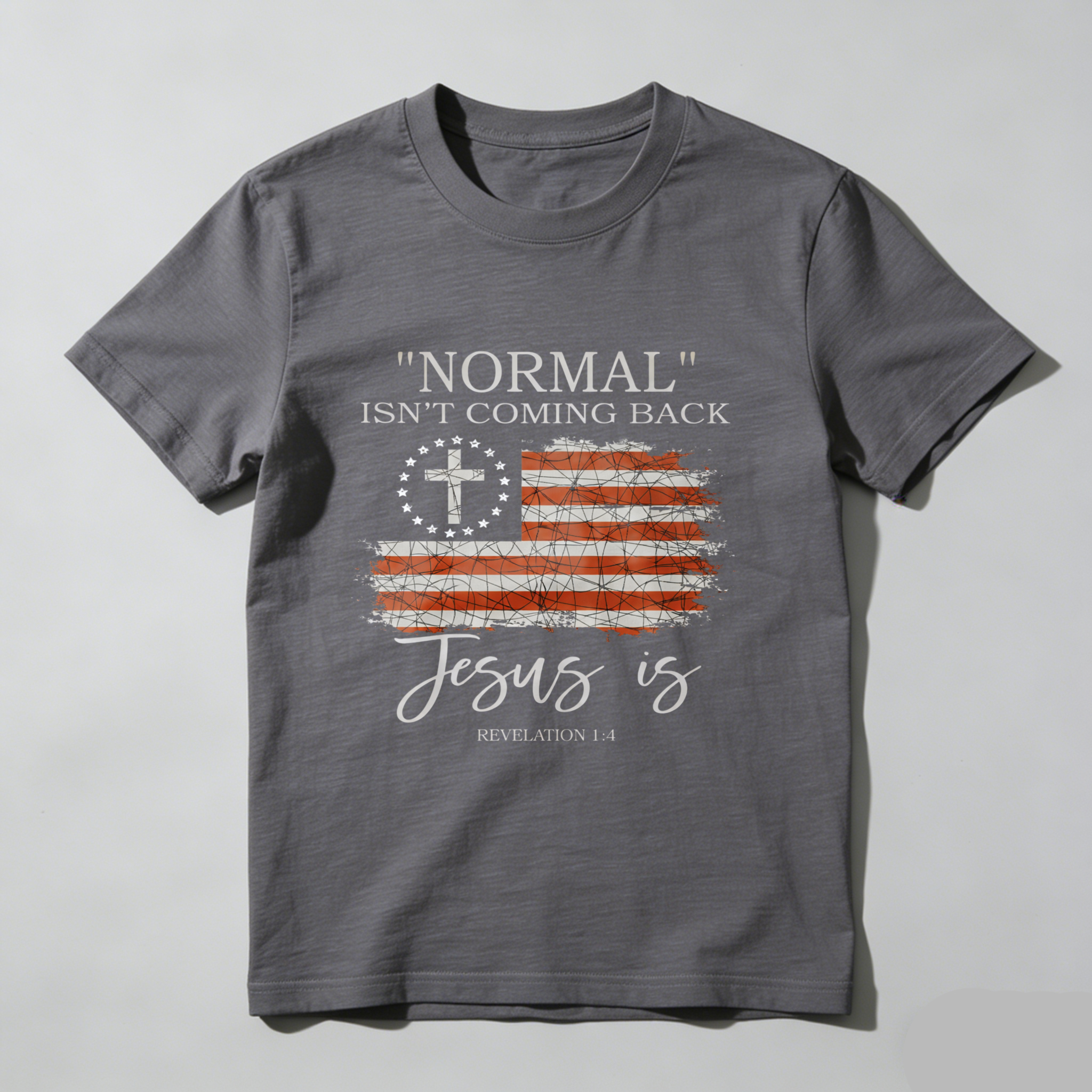 TEECURENT Normal Isnt Coming Back Jesus Is Revelation 14 American Flag Cross Christian T Shirt WOMEN