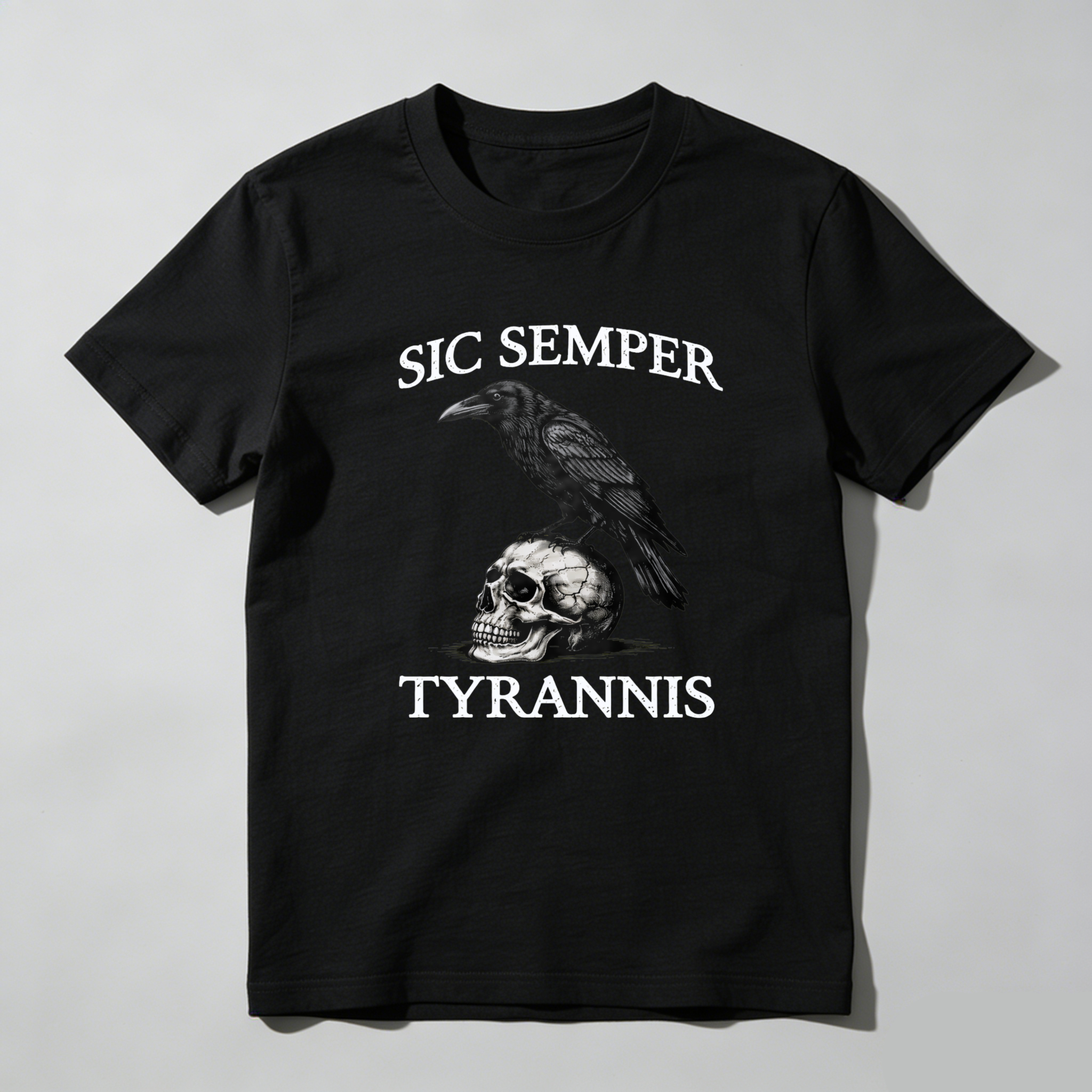 TEECURENTSic Semper Tyrannus Raven Skull T Shirt Black Graphic Tee Men Women Unisex Fashion Statement Top-TeeCurent