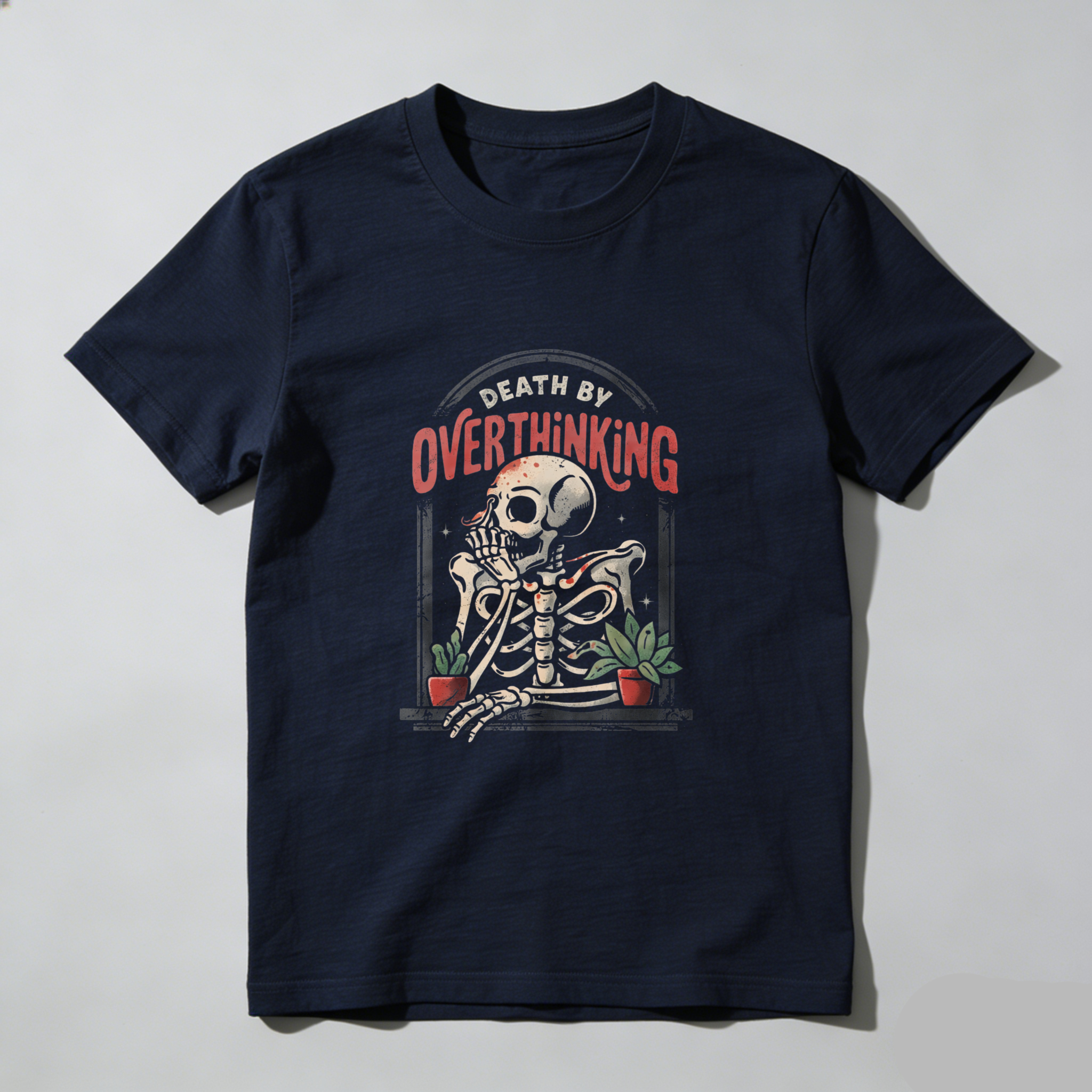 TEECURENT Death By Overthinking Skeleton T Shirt Funny Humor Anxiety Stress Relief Graphic Tee Men Women Unisex Casual Wear WOMEN