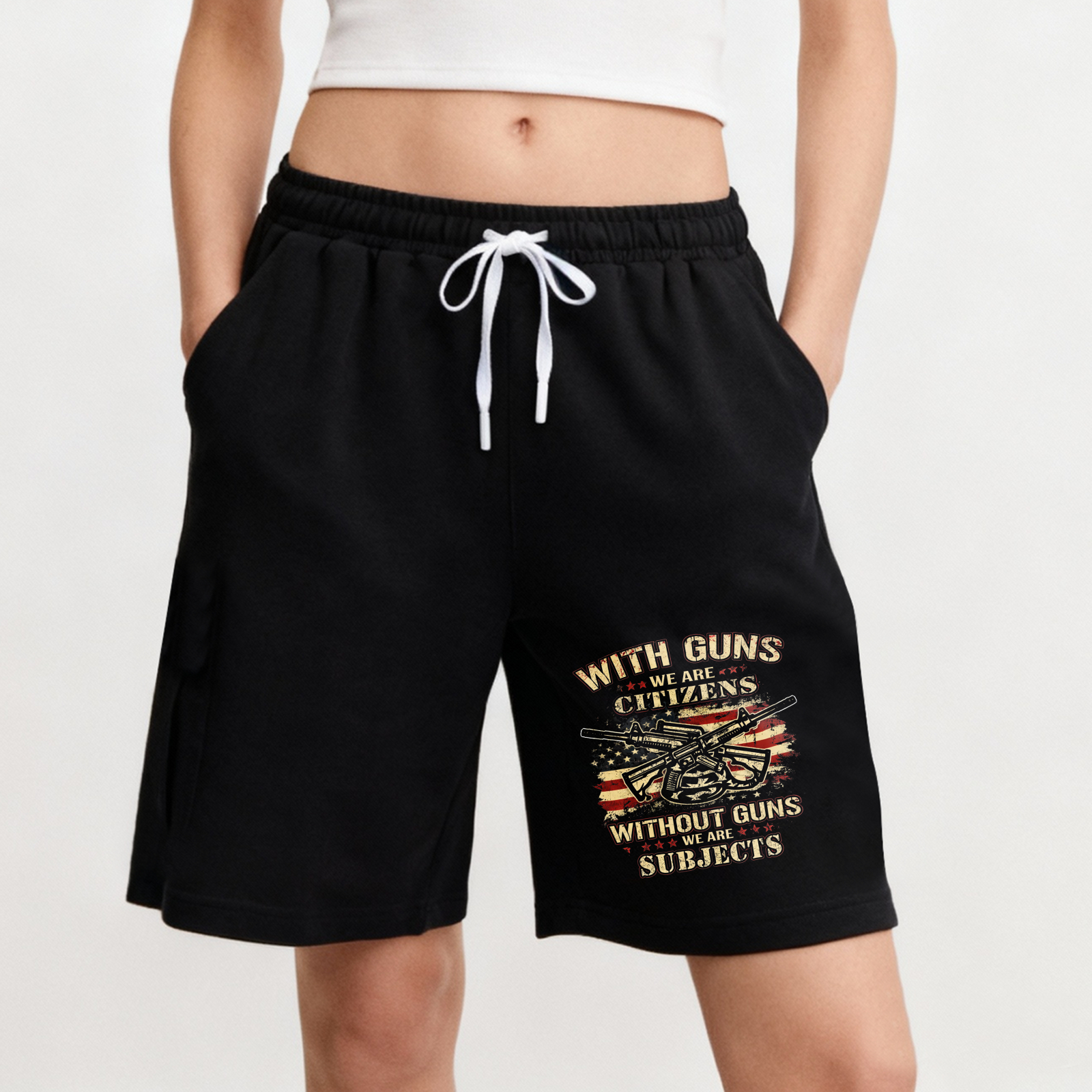 TEECURENT Black Men's Shorts With Guns We Are Citizens Without Guns We Are Subjects American Flag Graphic Print Drawstring Athletic Shorts