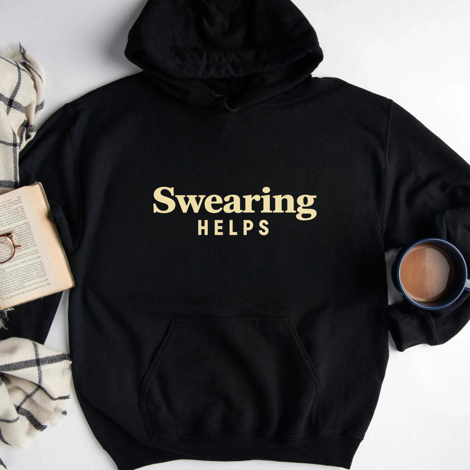 TEECURENT Gildan Swearing Helps Hoodie Black Sweatshirt With Gold Text Casual Wear For Men And Women Unisex Pullover Top Comfortable Soft Hooded Jacket Cozy Streetwear Fashion Statement Piece