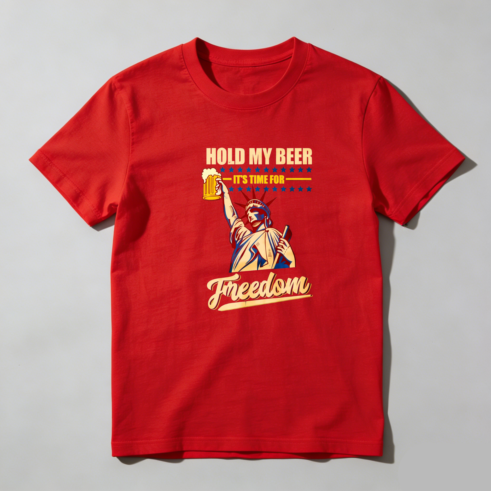 TEECURENT Hold My Beer Freedom Statue Pure Cotton Short Sleeve T-Shirt-TeeCurent