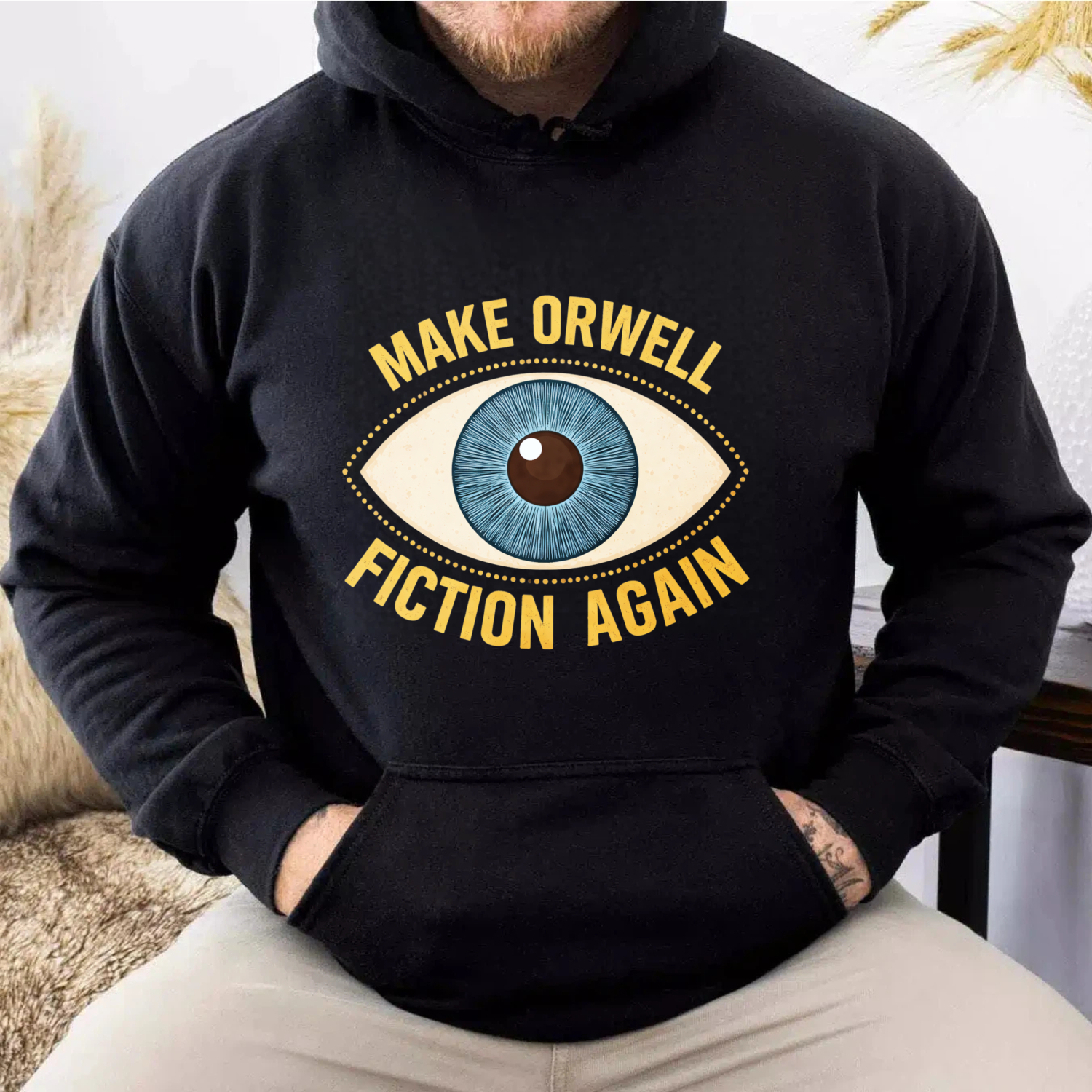 TEECURENT Gildan Make Orwell Fiction Again Hoodie With Eye Graphic Black Sweatshirt For Men Women Unisex Casual Wear Book Lovers Gift