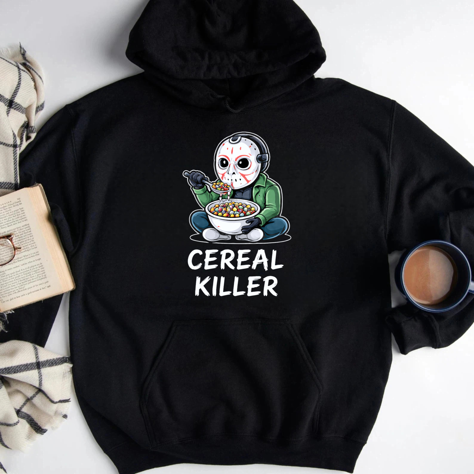 TEECURENT Gildan Cereal Killer Halloween Hoodie With Jason Voorhees Eating Cereal Design Funny Horror Sweatshirt For Men Women Unisex Black Pullover