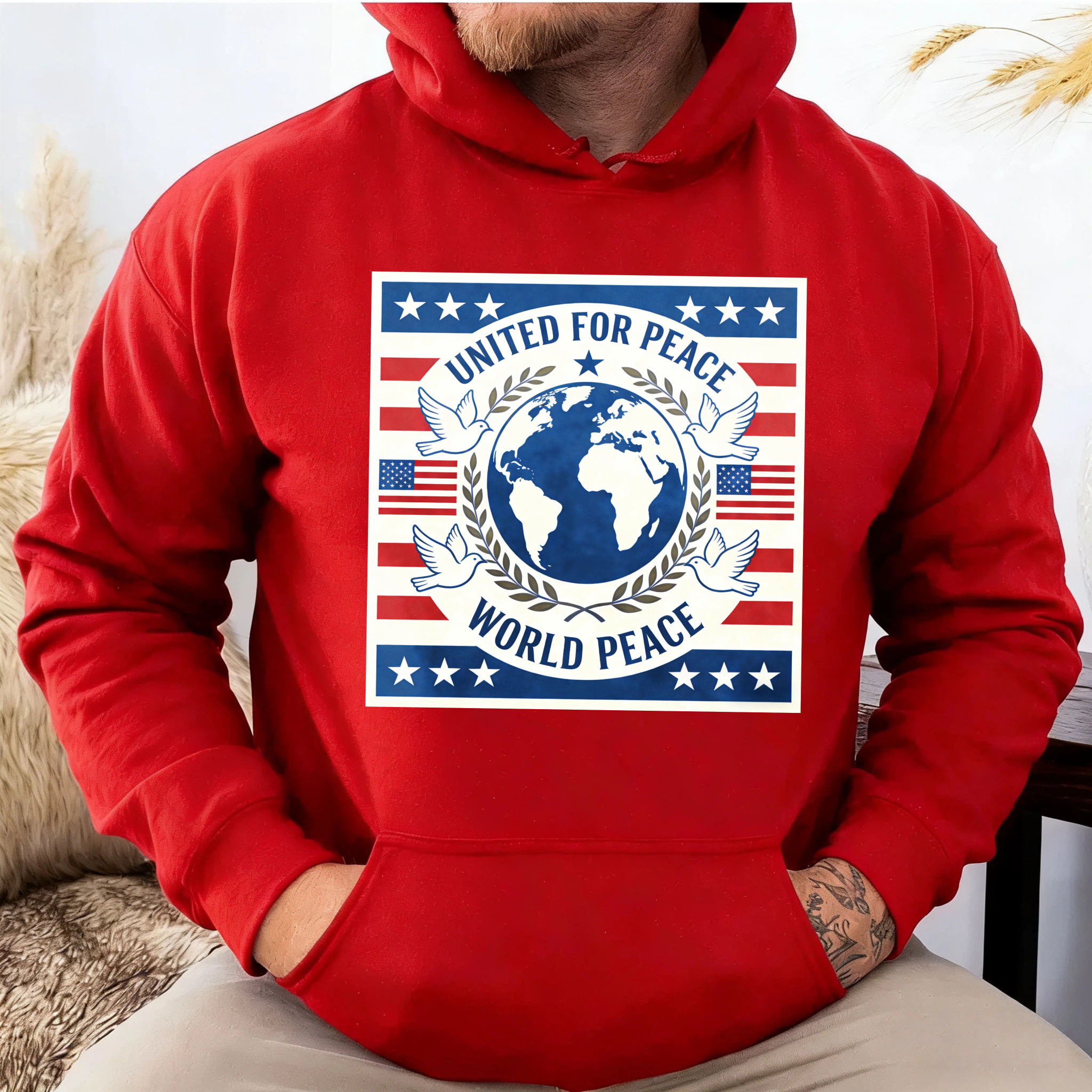 TEECURENT United For Peace World Peace Hoodie American Flag Design Global Unity Sweatshirt Patriotic Clothing For Men Women Unisex Apparel