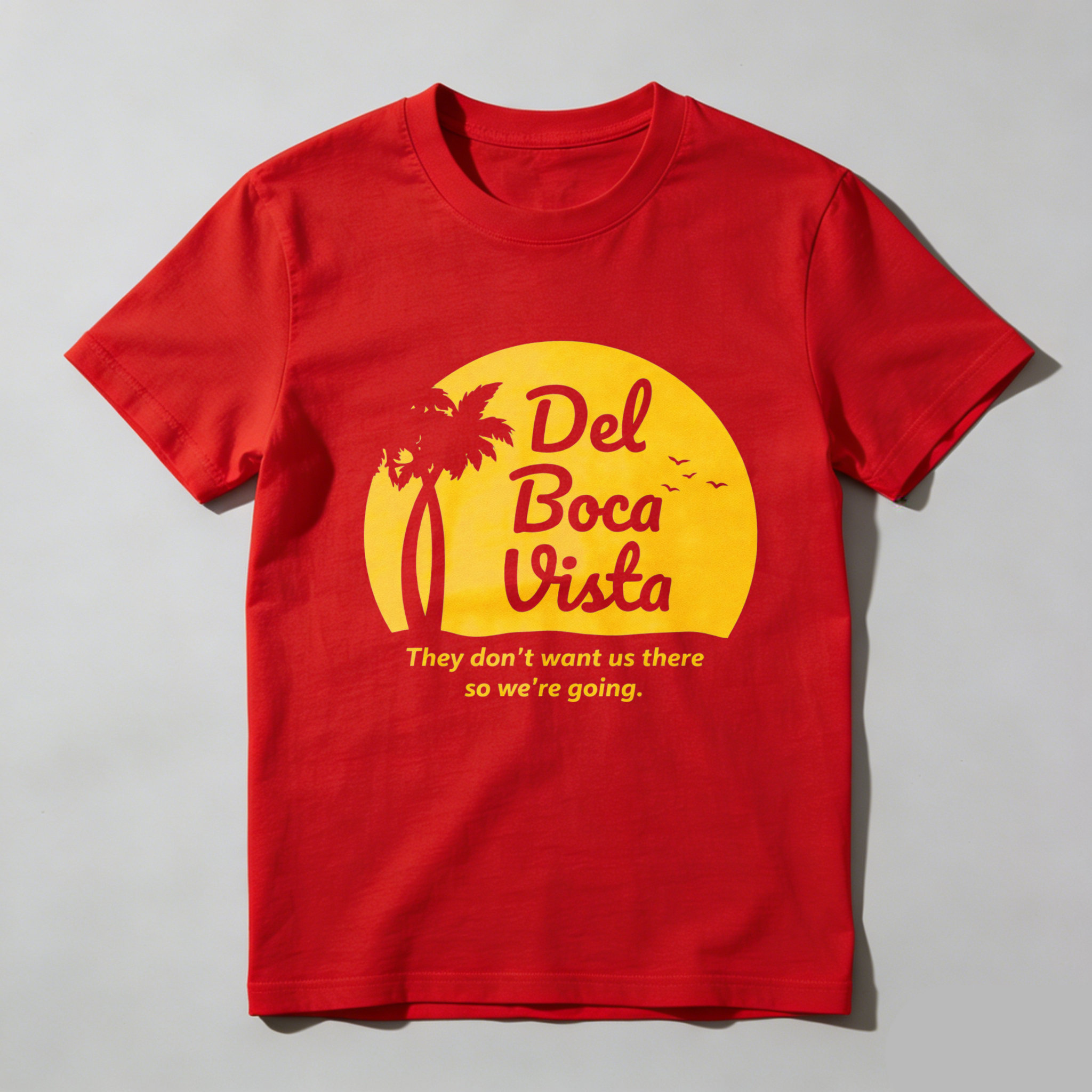 TEECURENTDel Boca Vista T-Shirt Black With Yellow Sun Palm Tree And Slogan They Dont Want Us There So Were Going Summer Vacation Travel Gift For Men Women Unisex Casual Wear-TeeCurent