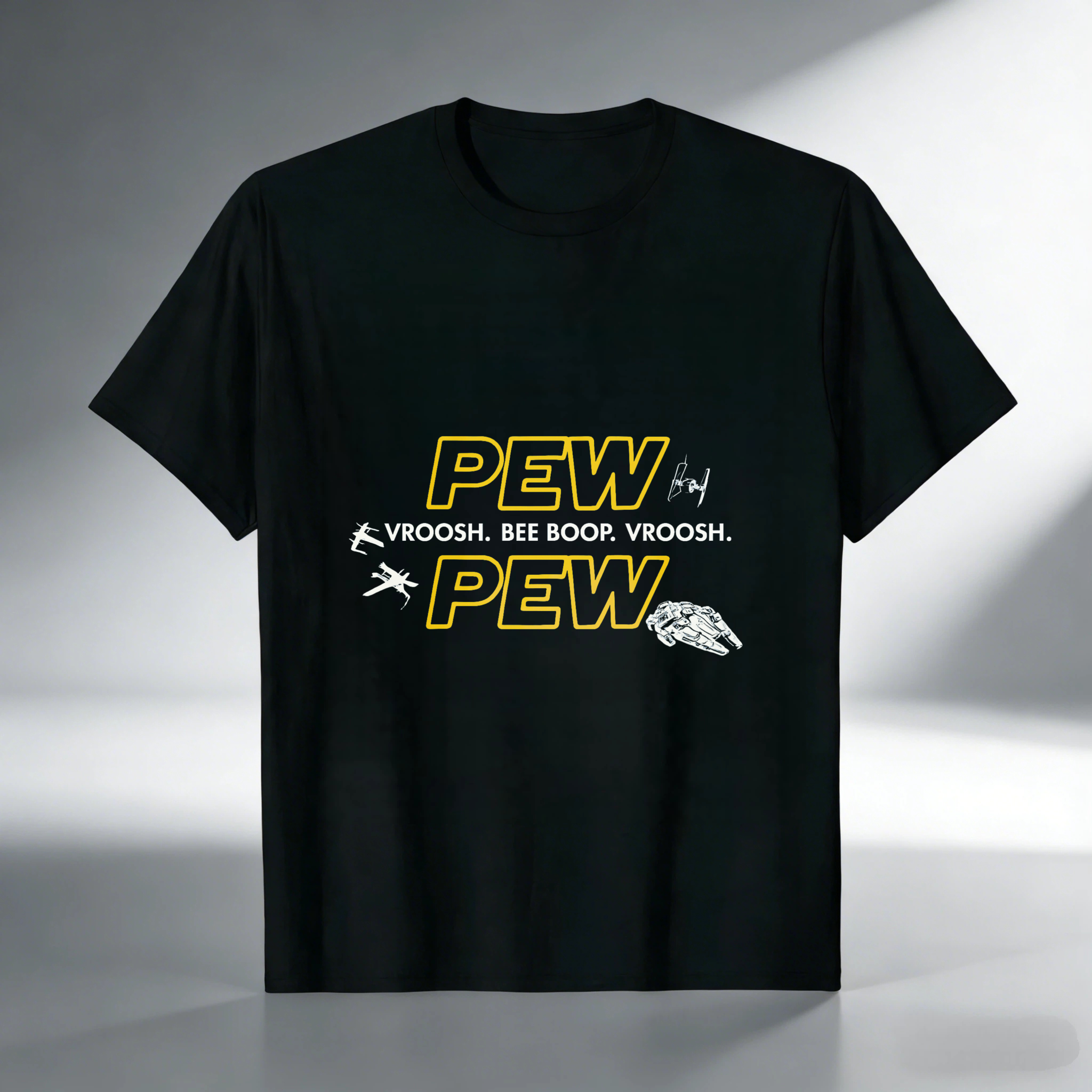 TEECURENT Pew Pew Star Wars Inspired T-Shirt With Spaceship And Sound Effects Design For Fans Of Sci Fi And Pop Culture