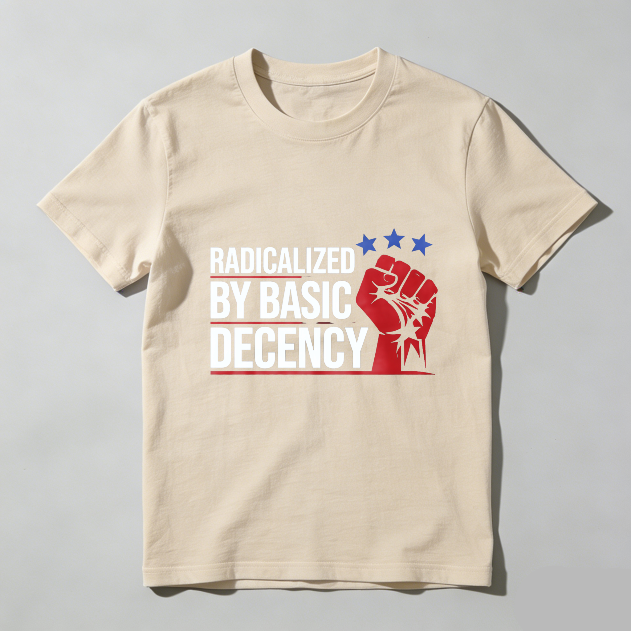 TEECURENTRadicalized By Basic Decency T Shirt With Fist Graphic And Stars Design For Men And Women-TeeCurent
