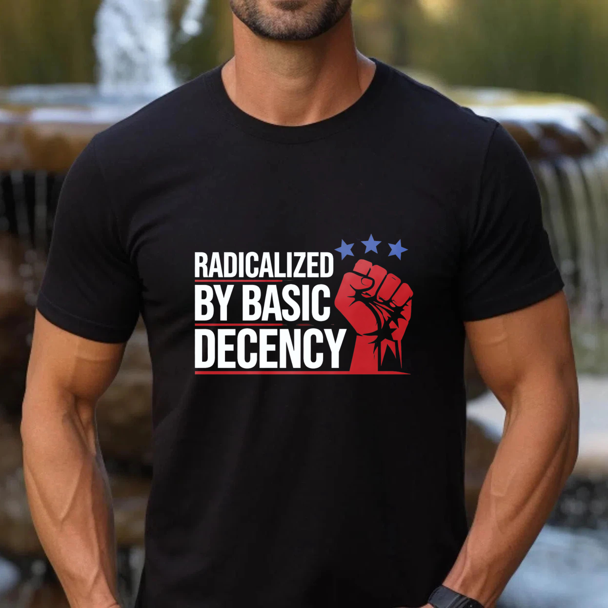 TEECURENTRadicalized By Basic Decency T Shirt With Fist Graphic And Stars Design For Men And Women-TeeCurent