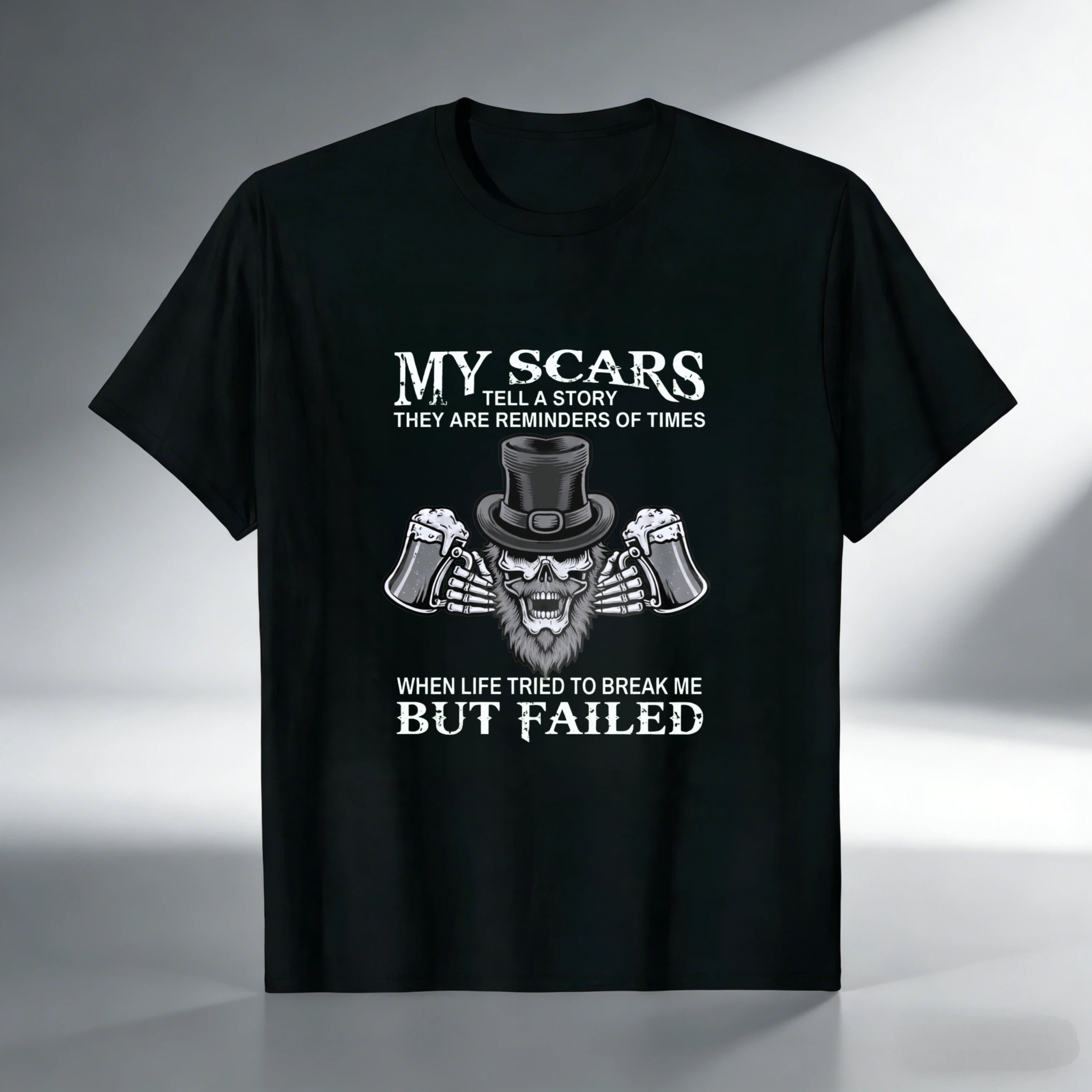 TEECURENT My Scars Tell A Story They Are Reminders Of Times When Life Tried To Break Me But Failed T Shirt With Skull And Beer Design