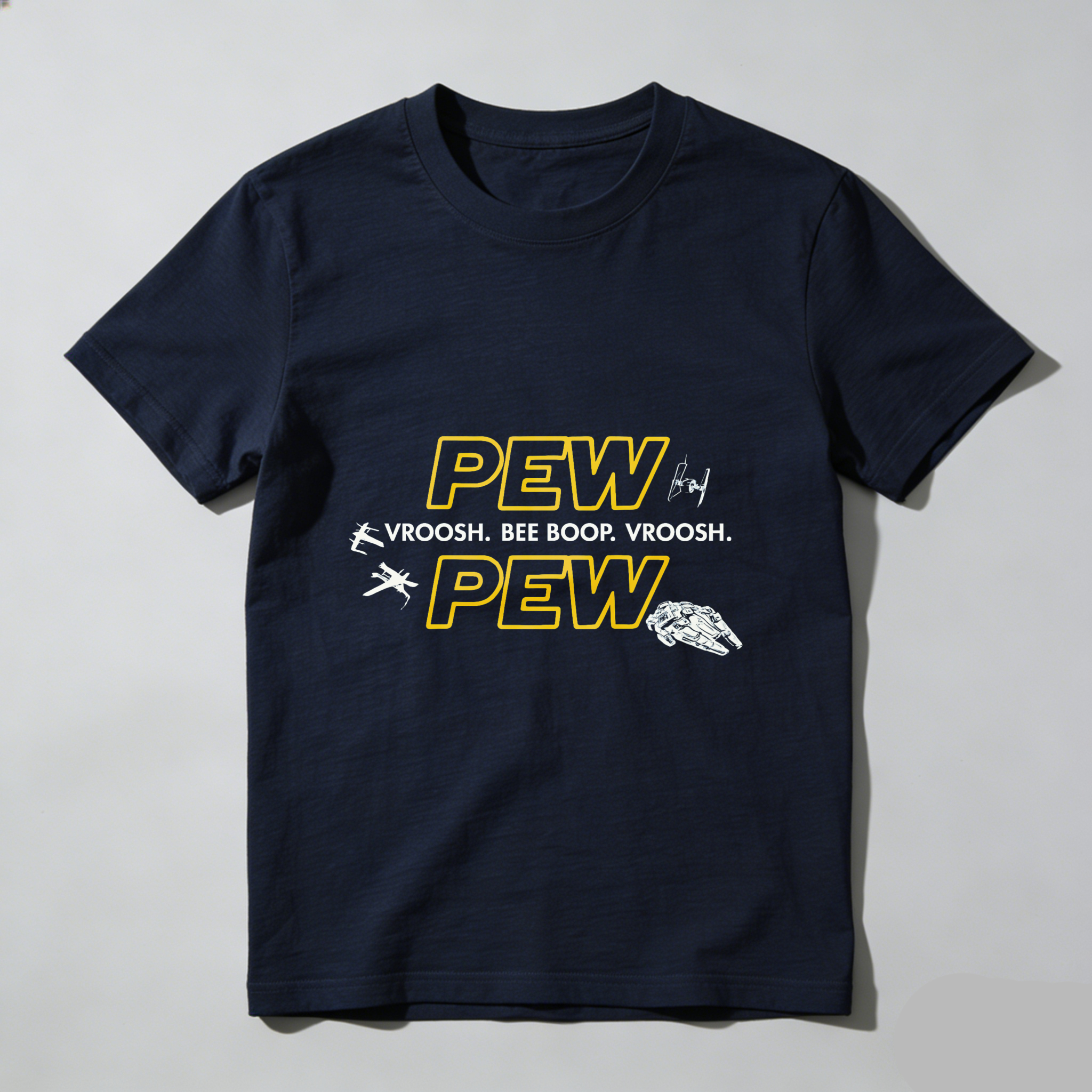 TEECURENT Pew Pew Star Wars Inspired T-Shirt With Spaceship And Sound Effects Design For Fans Of Sci Fi And Pop Culture