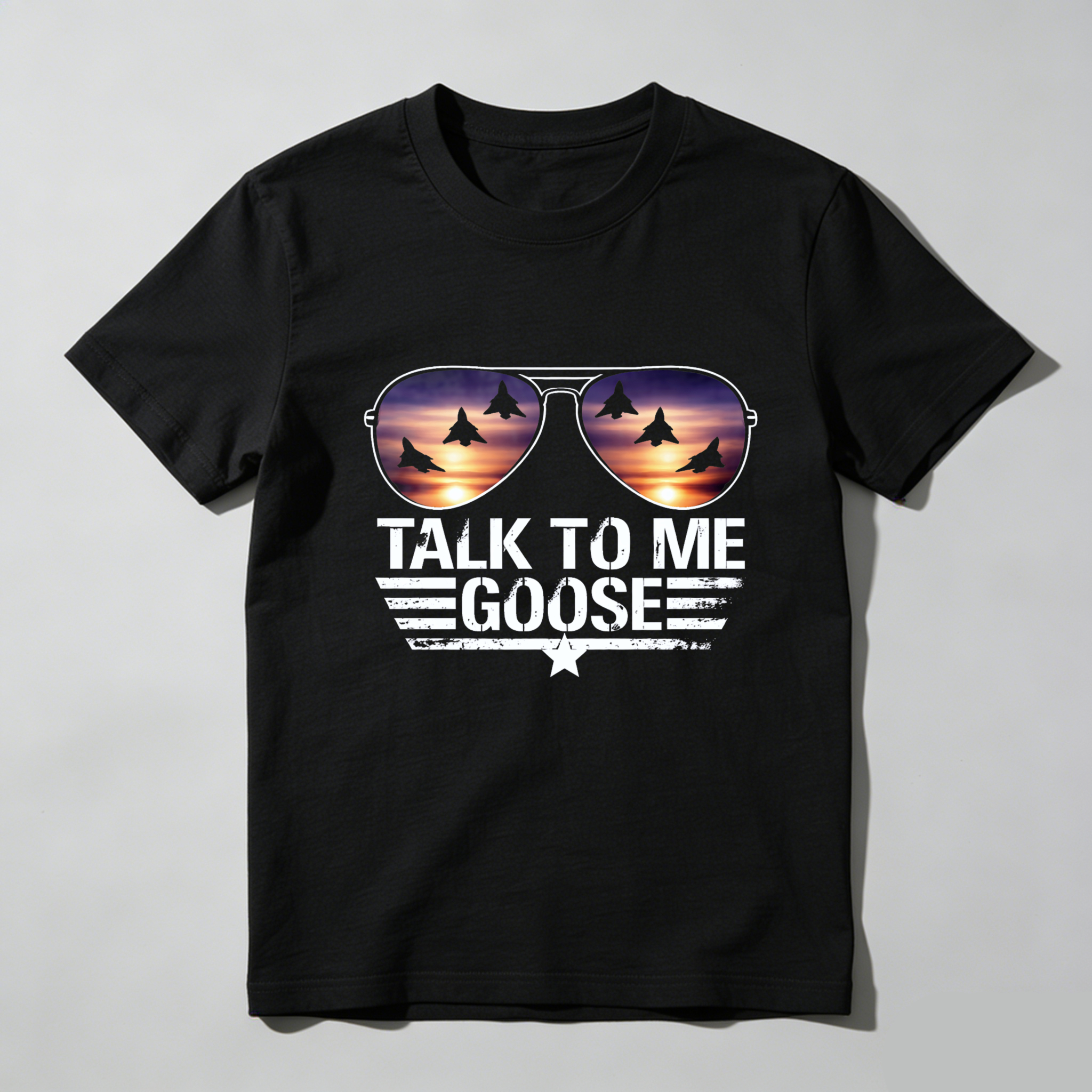 TEECURENTTalk To Me Goose Aviator Sunglasses T-Shirt With Fighter Jets Sunset Design Black Men Women Top-TeeCurent