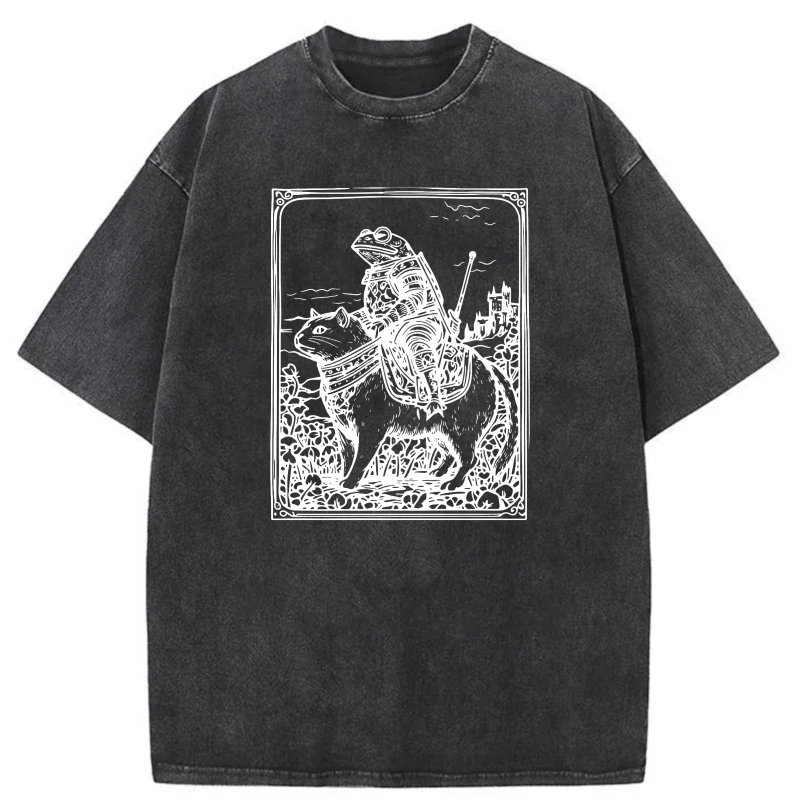 Knight Riding Cat With Castle Background tshirt 100% cotton