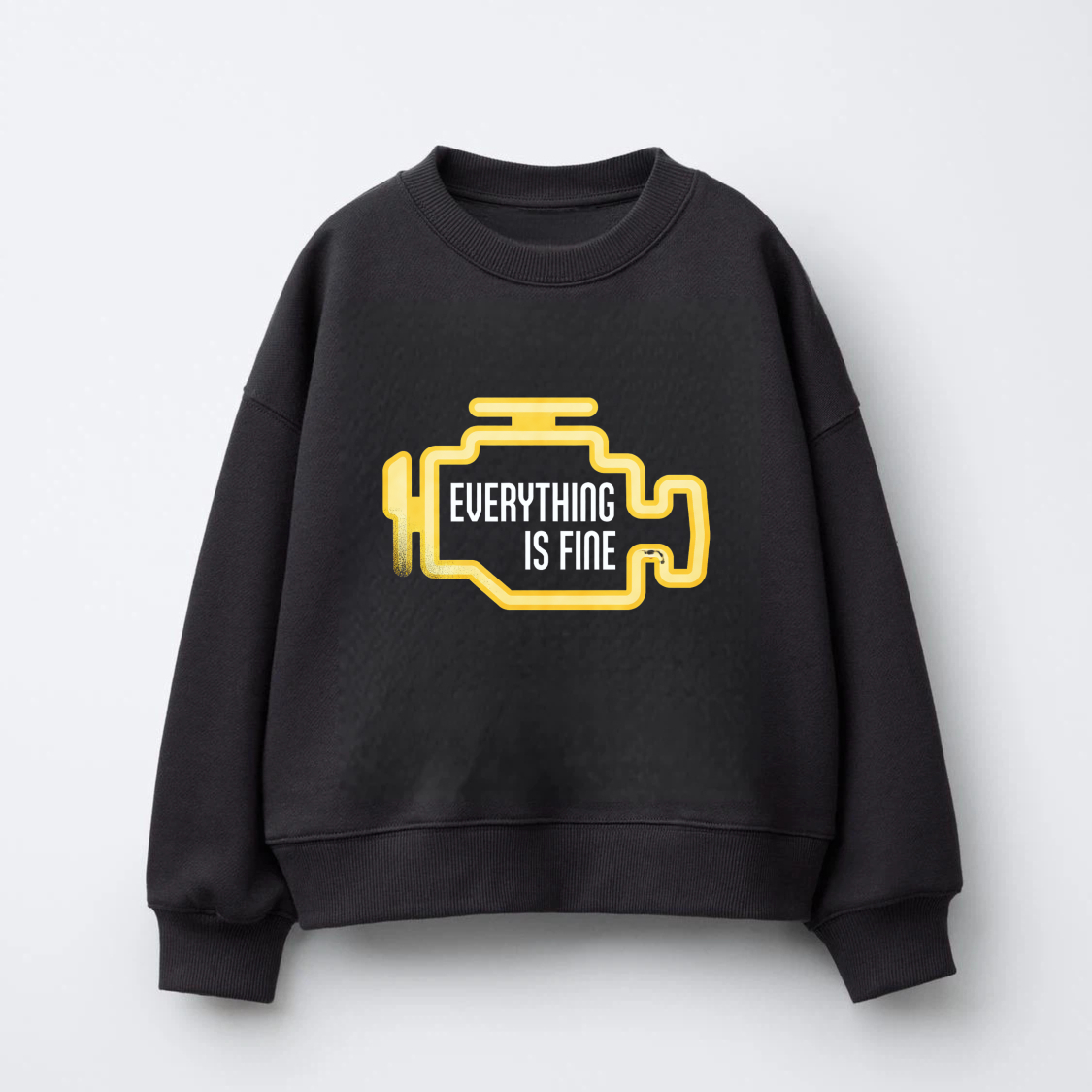 TEECURENT Everything Is Fine Sweatshirt Black With Yellow Graphic Design Casual Crewneck Pullover For Men Women Unisex Fashion Statement Top