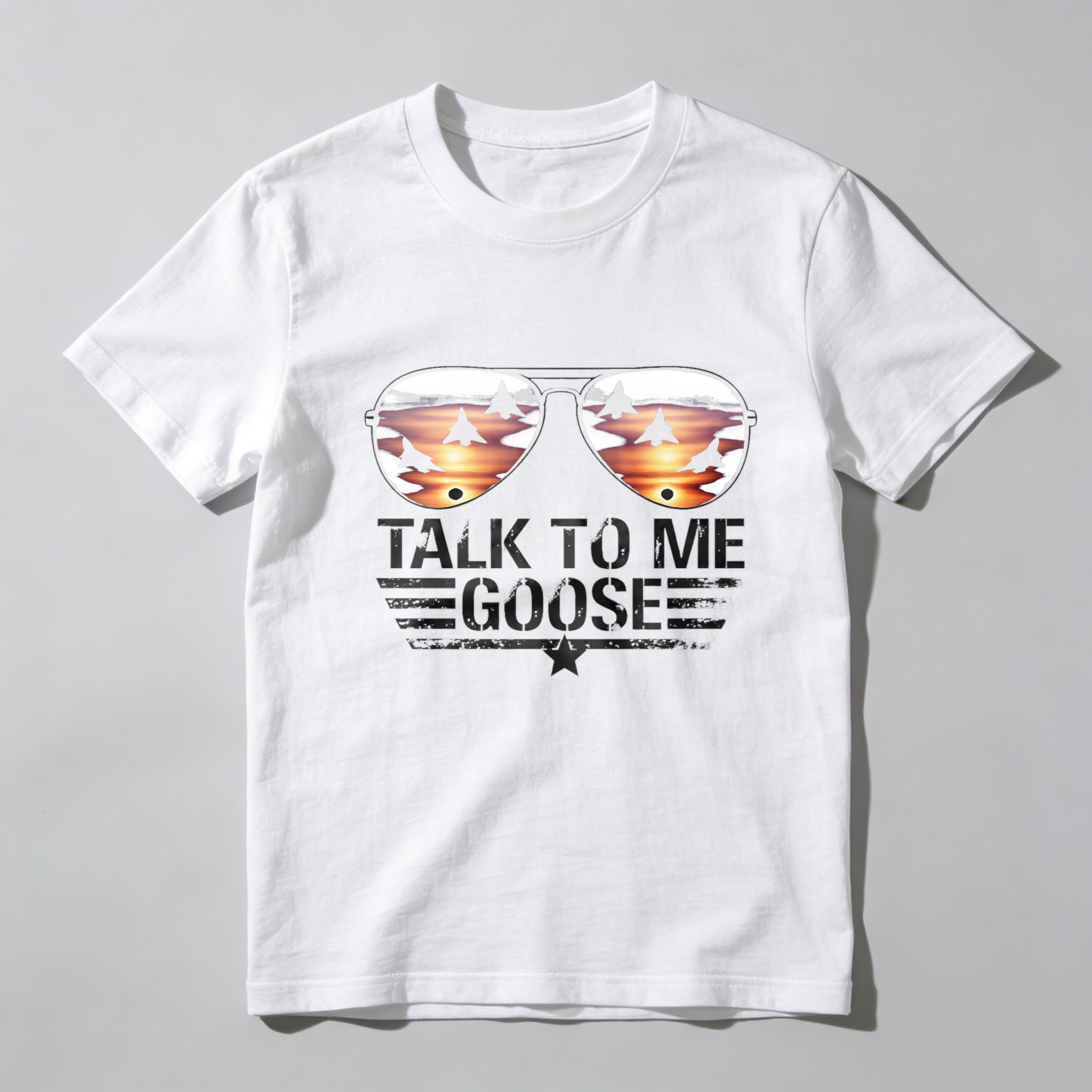 TEECURENTTalk To Me Goose Aviator Sunglasses T-Shirt With Fighter Jets Sunset Design Black Men Women Top-TeeCurent