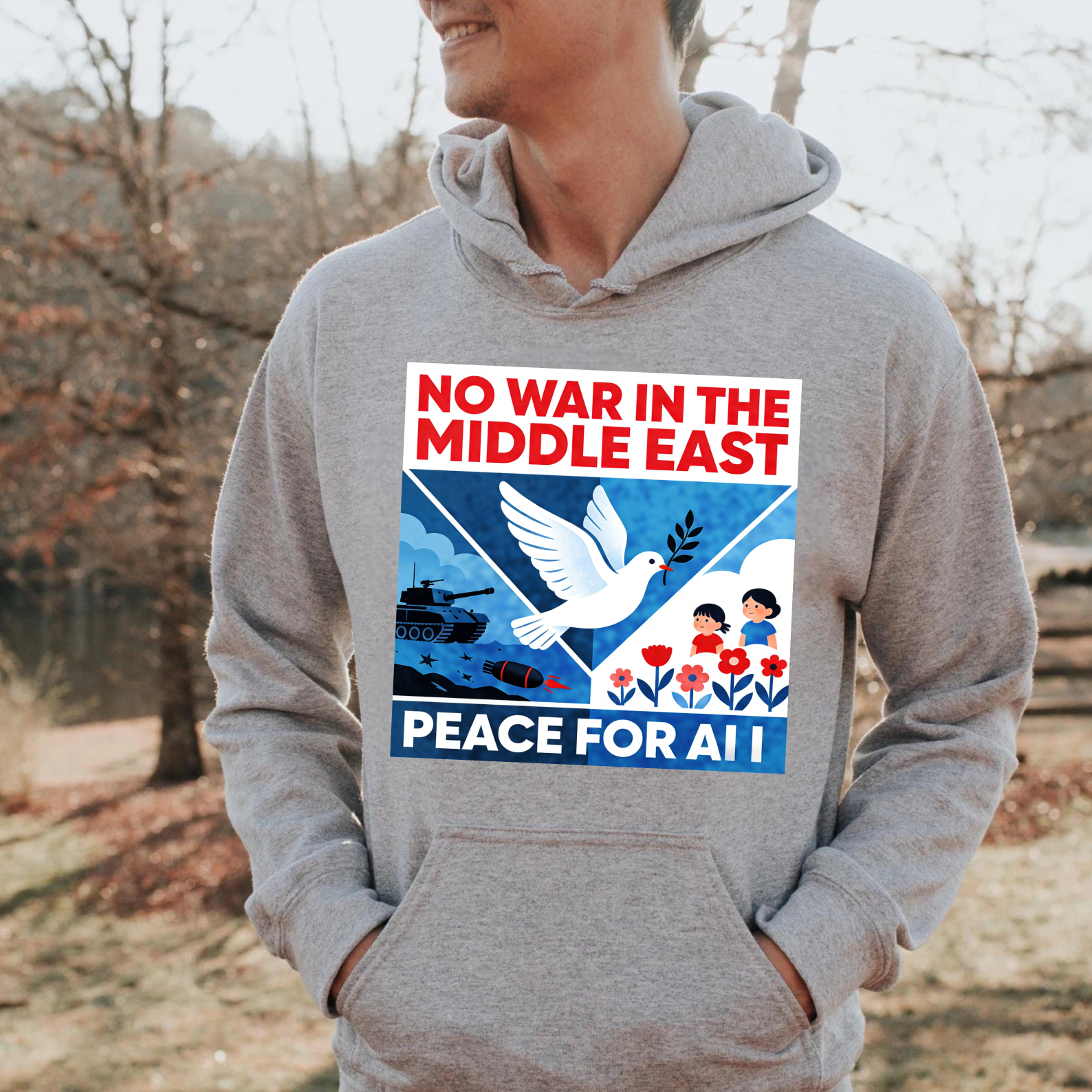 TEECURENT No War In The Middle East Peace For All Hoodie Black Sweatshirt With Graphic Design And Message For Peace Awareness And Social Statement