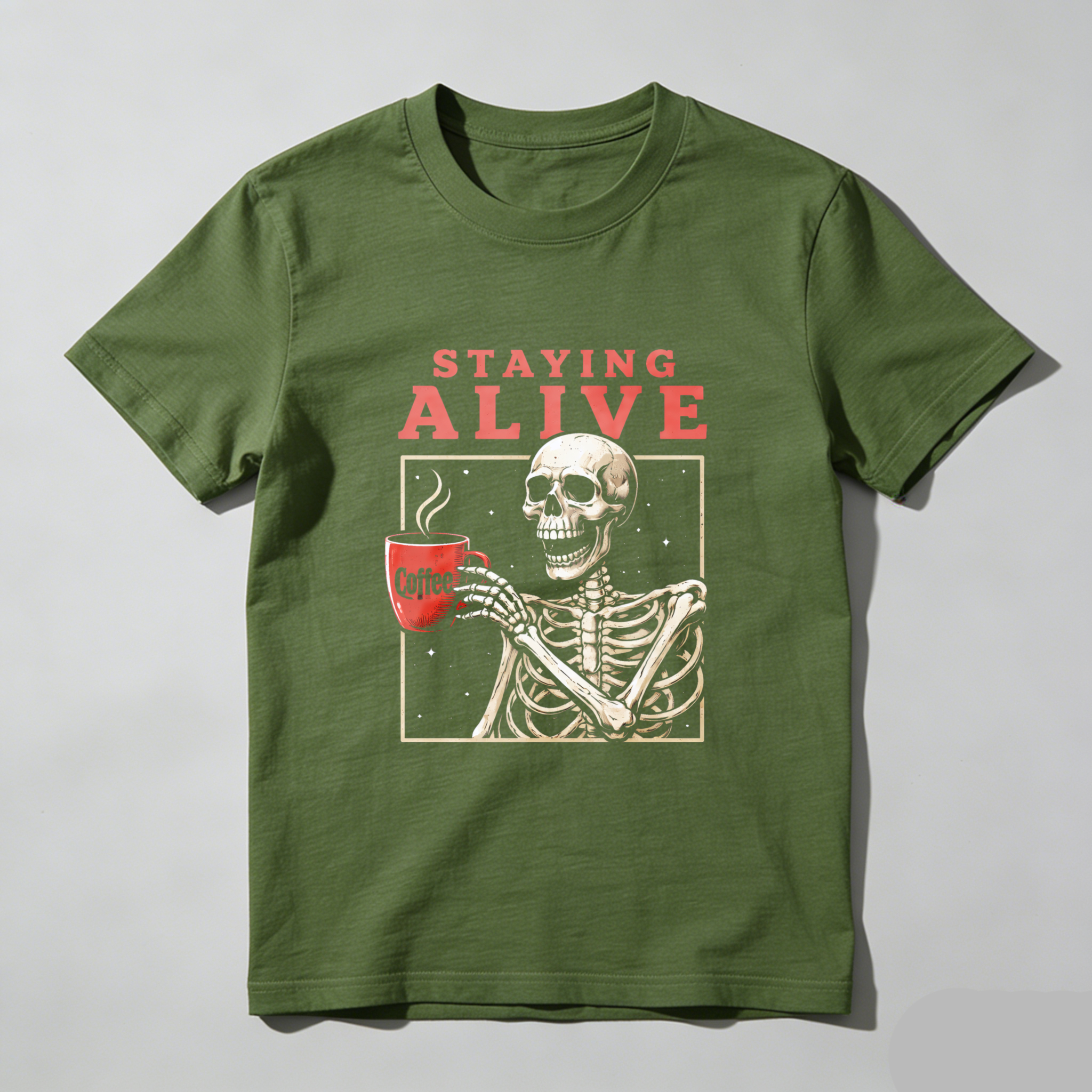 TEECURENT Staying Alive Skeleton Coffee Mug T-Shirt Funny Halloween Gift For Coffee Lovers WOMEN