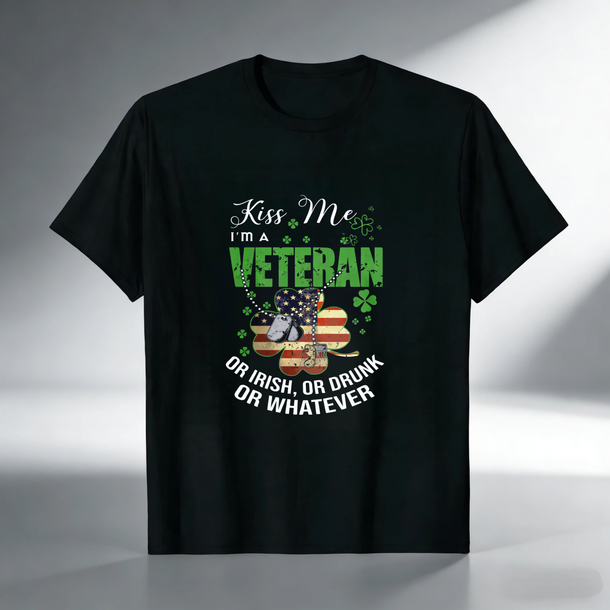 TEECURENT Kiss Me Im A Veteran Or Irish Or Drunk Or Whatever St Patrick Day T Shirt For Men And Women Patriotic Military Shamrock Design Black T Shirt