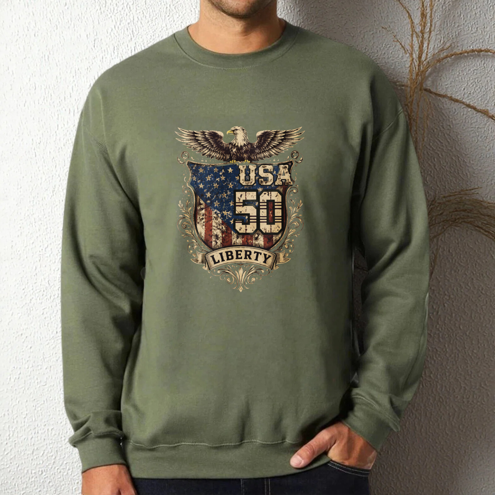 Usa 50 Liberty Eagle American Flag Sweatshirt Crewneck Pullover Long Sleeve Black