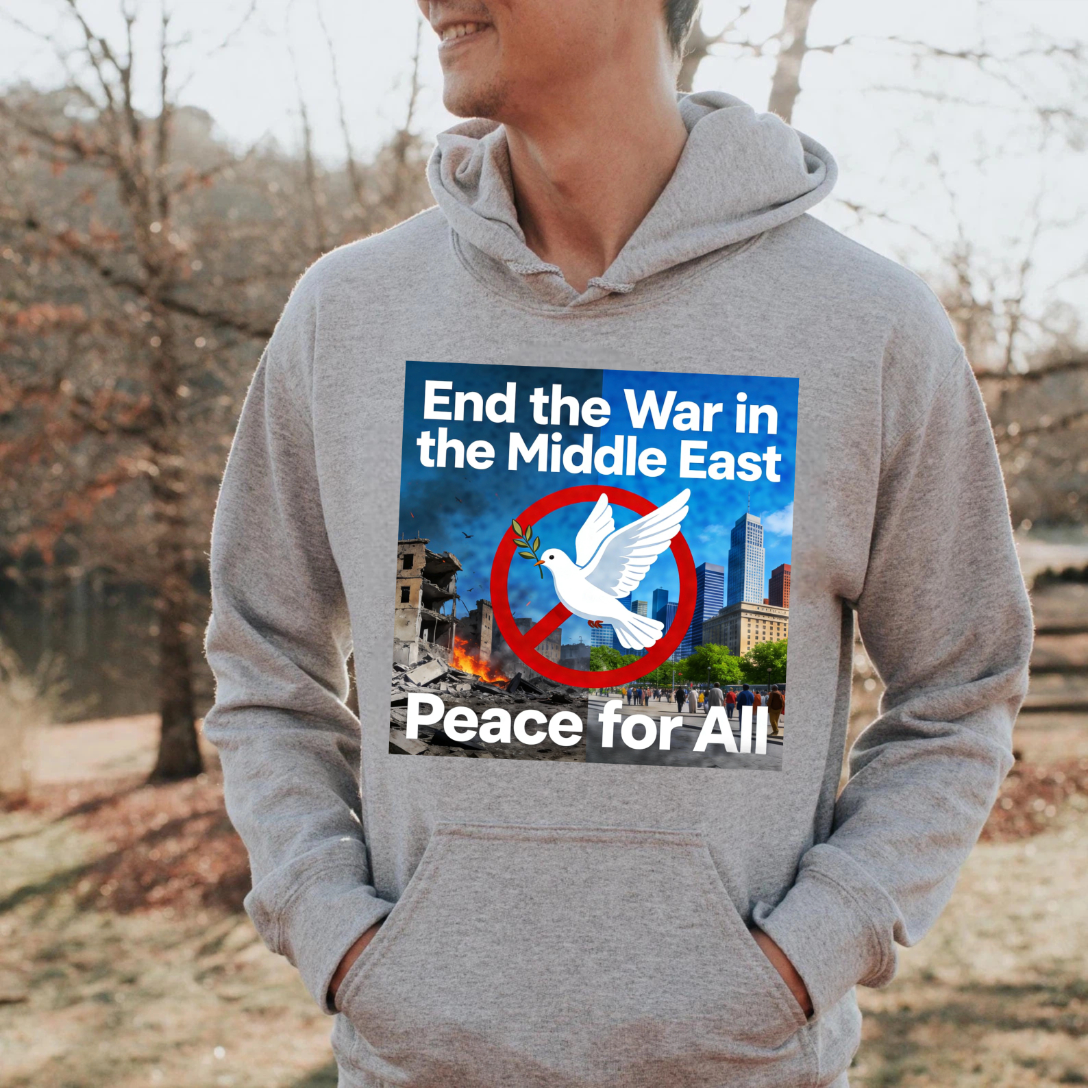 TEECURENT End The War In The Middle East Peace For All Hoodie With Dove And Cityscape Design