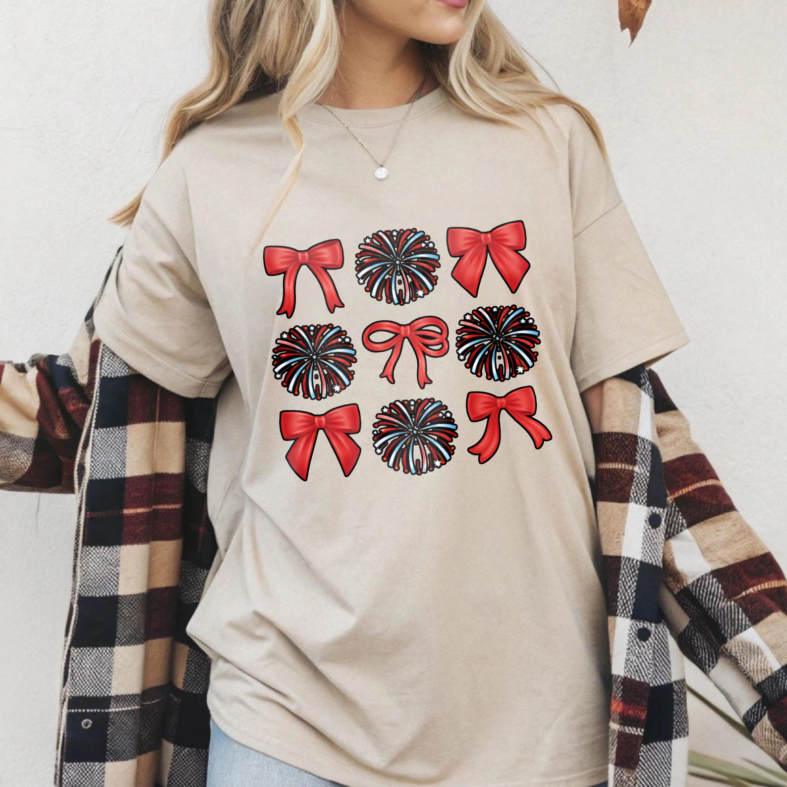 TEECURENT Patriotic Fireworks And Red Bows Design T Shirt For Independence Day Celebration WOMEN