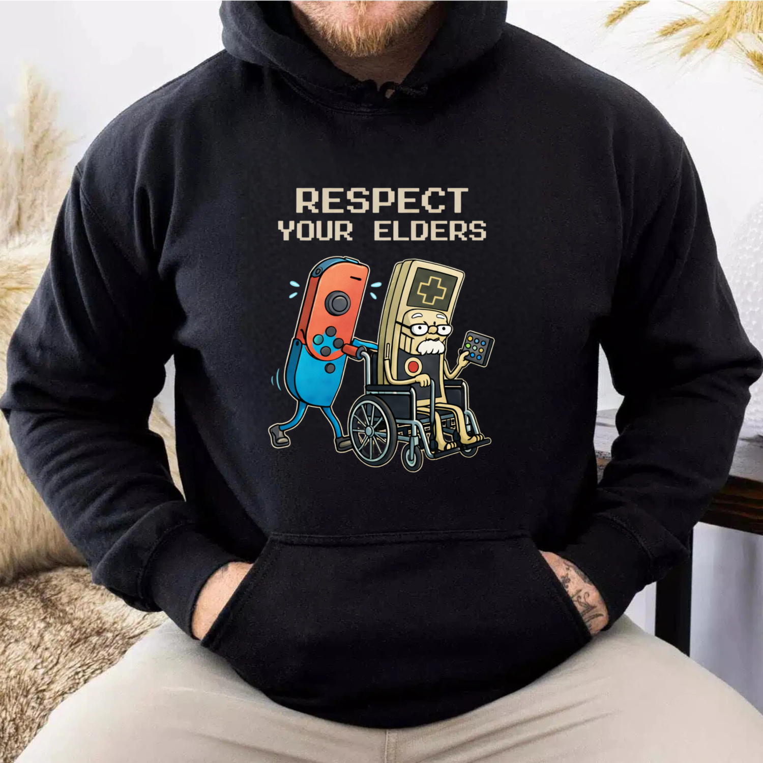 TEECURENT Gildan Respect Your Elders Gaming Controller Hoodie With Retro Game Console And Wheelchair Design For Gamers And Nostalgia Lovers