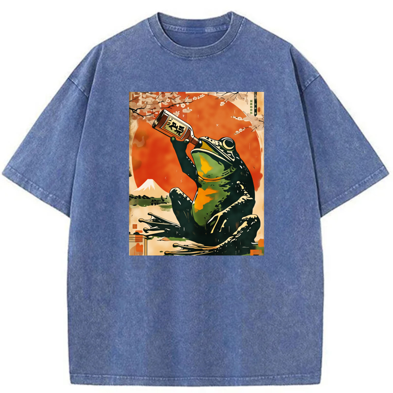 Frog Drinking Sake Under Cherry Blossoms tshirt 100% cotton