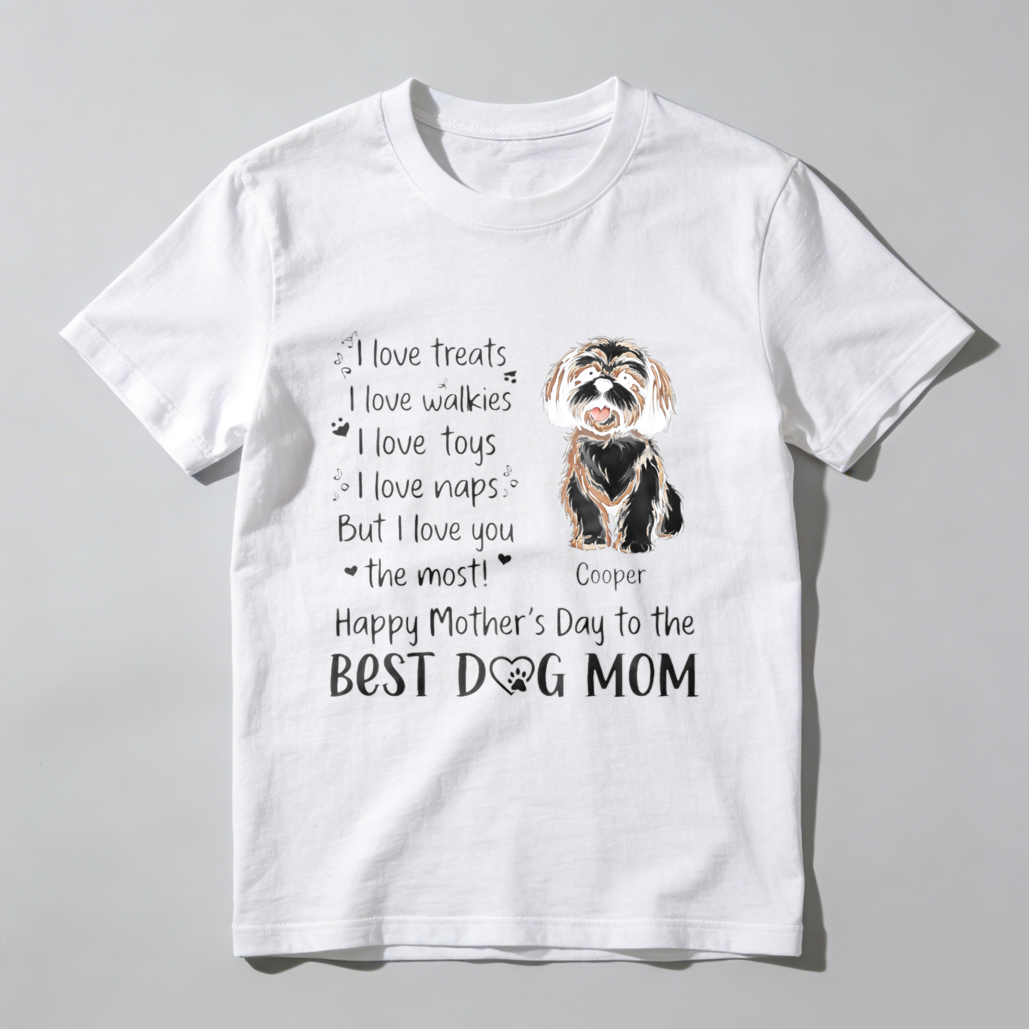 TEECURENT Happy Mothers Day To The Best Dog Mom T Shirt With Shih Tzu Design And Personalized Name Cooper I Love Treats Walkies Toys Naps But I Love You The Most Gift For Dog Lover WOMEN